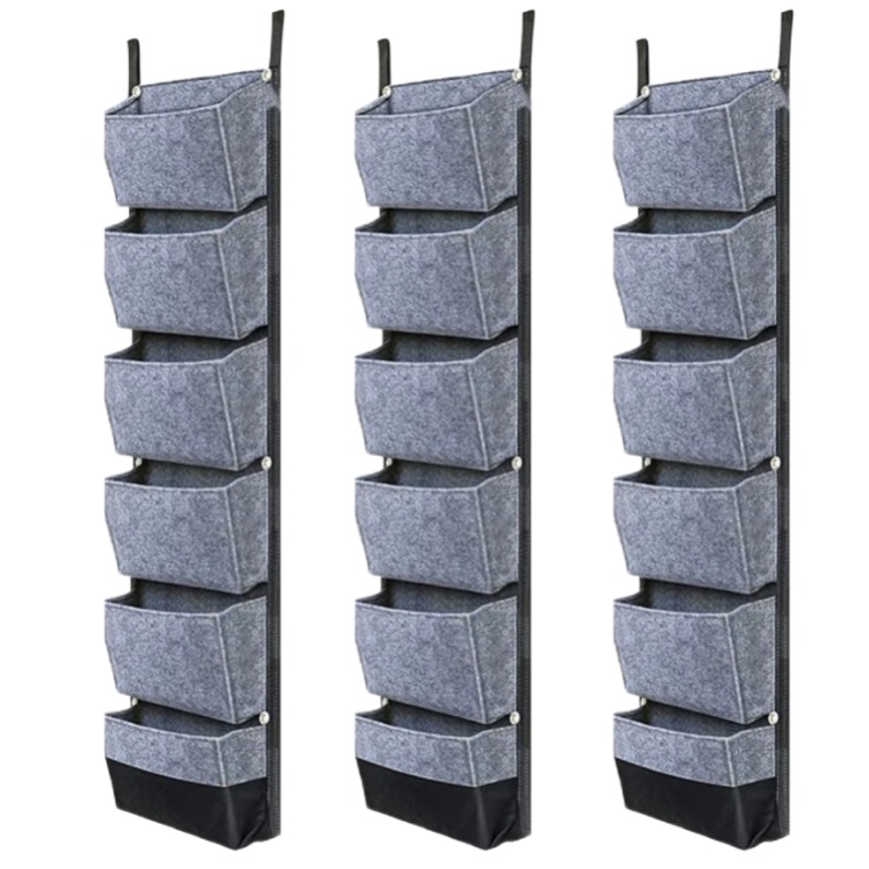 Zestaw 3 wiszących worków na rośliny z 6 kieszeniami do doniczek pionowych, mocowanych do ściany, wymiary 107 x 30 cm, kolor szary