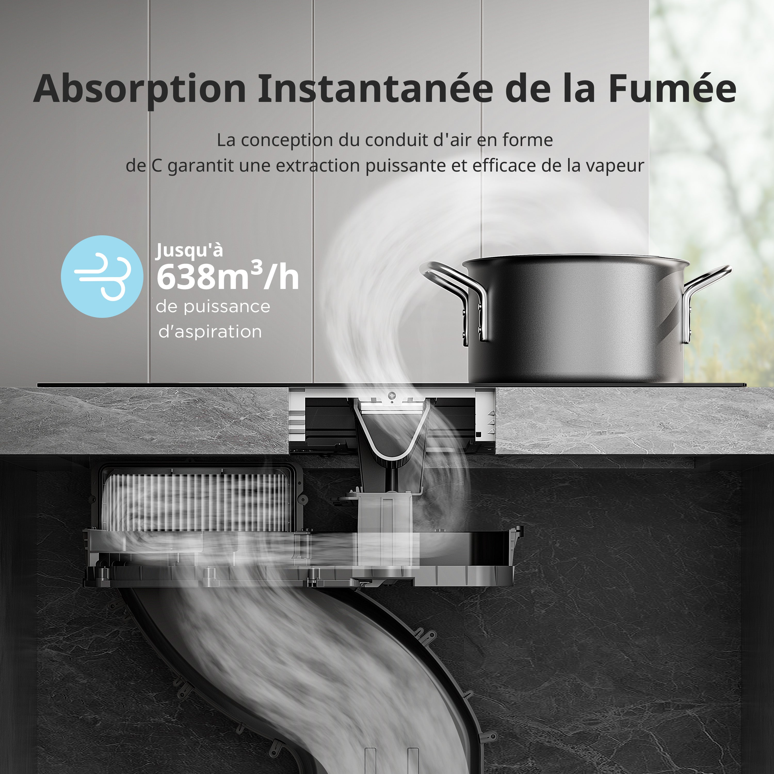 Table de cuisson à induction aspirante COMFEE CIH742FY18K0 60 cm 4 foyers + hotte intégrée 638m³/h avec kit d’évacuation partiel, 7400W, A++ - 7