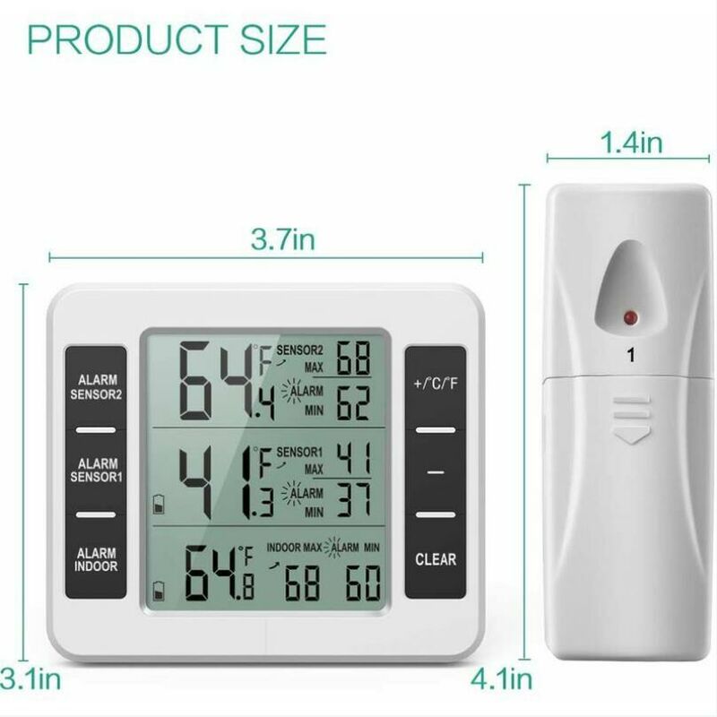 Thermomètre Sans Fil, Réfrigérateur De Congélateur D'alarme Audible De Digital Avec L'affichage Minimum/maximum De La Sonde 2PCS