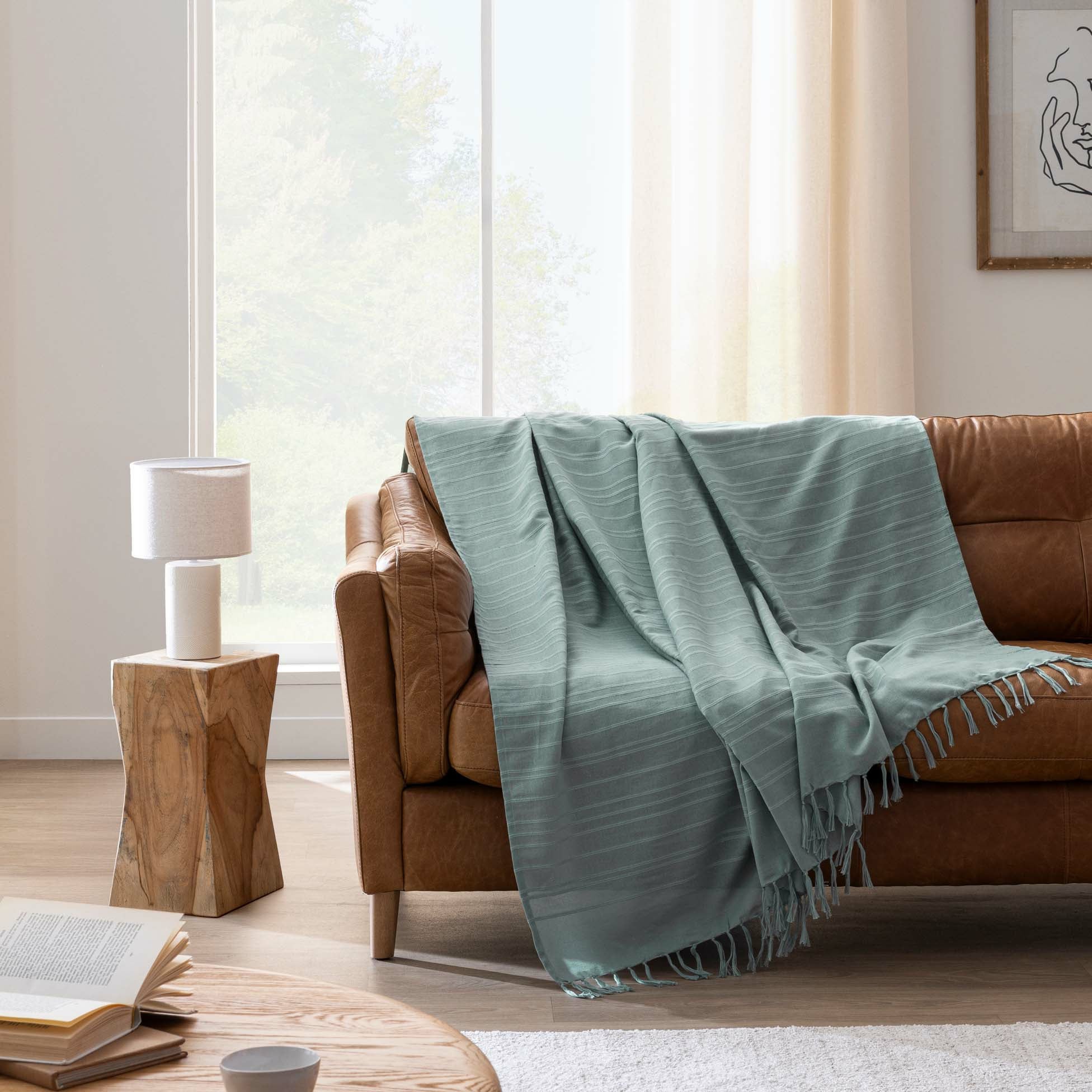 Plaid LILIA 180 x 220 cm – 100 % coton – Plaid à franges sauge - 3