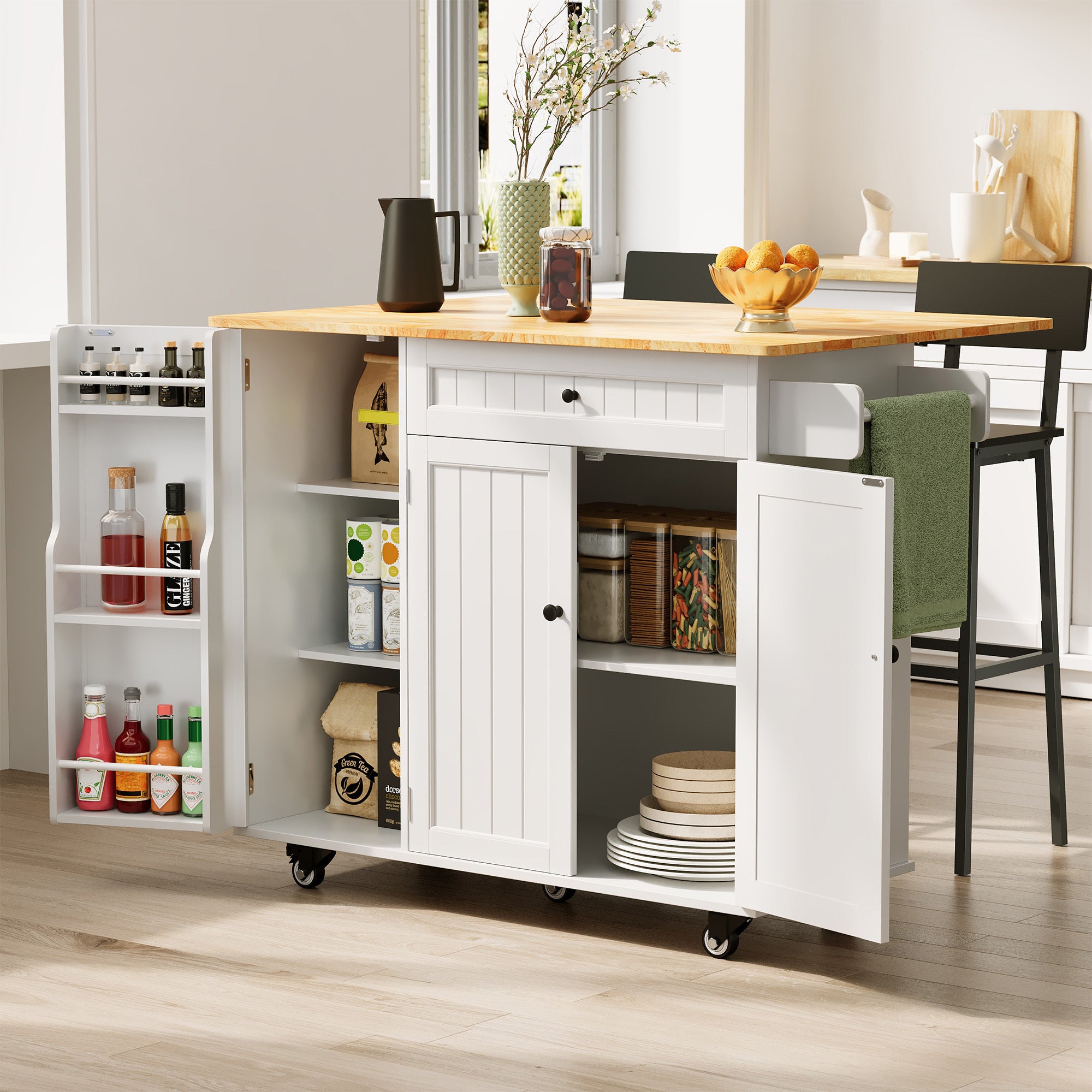 Ilha de cozinha móvel com 3 portas e 1 gaveta, tampo extensível 130x45(75)x88 cm, MDF branco e natural, Bealife - 7
