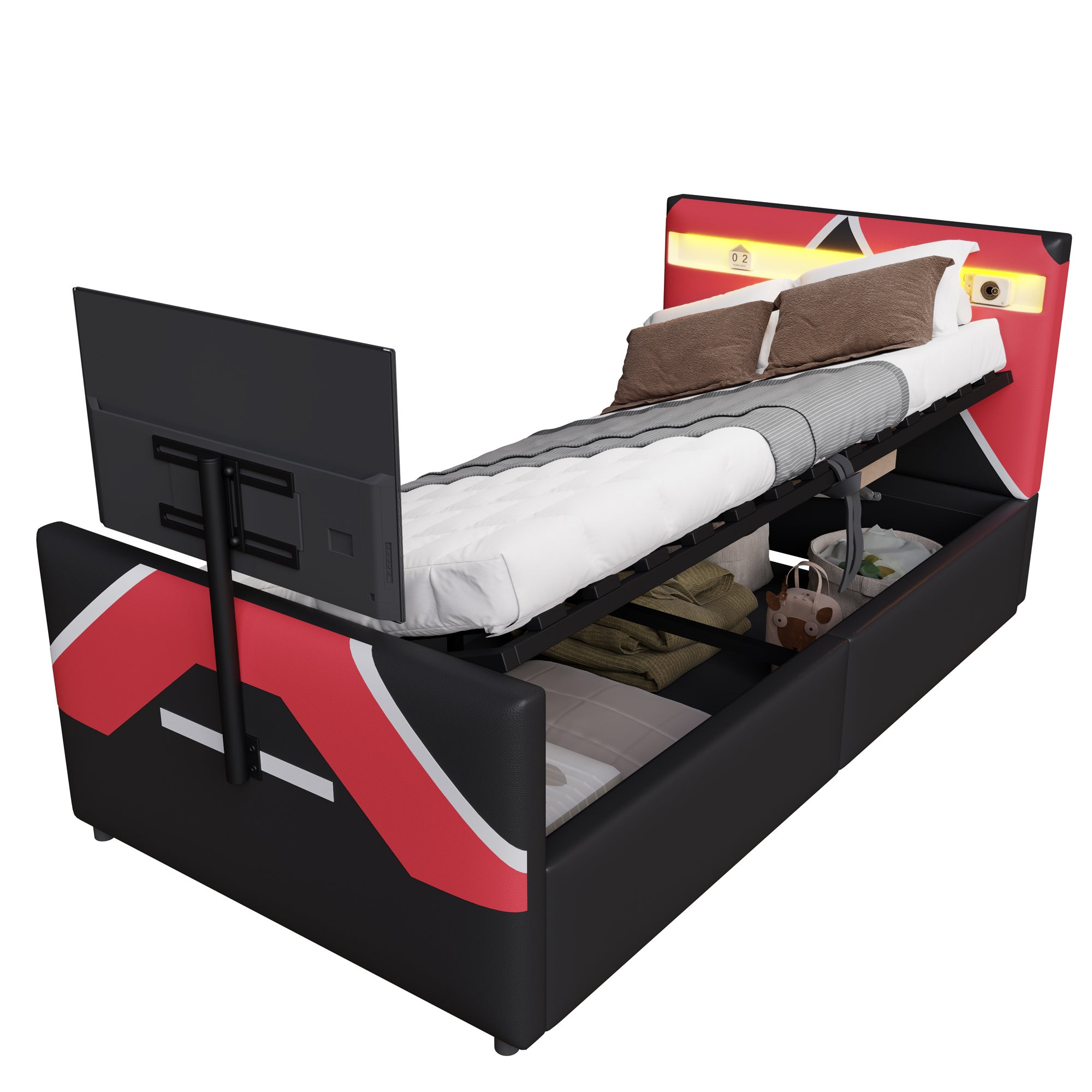 Łóżko dziecięce z pojemnikiem 90 x 200 cm ze stojakiem pod TV i diodami LED - Skóra ekologiczna - Czarny + różowy (Materac nie jest wliczony w cenę) - 7