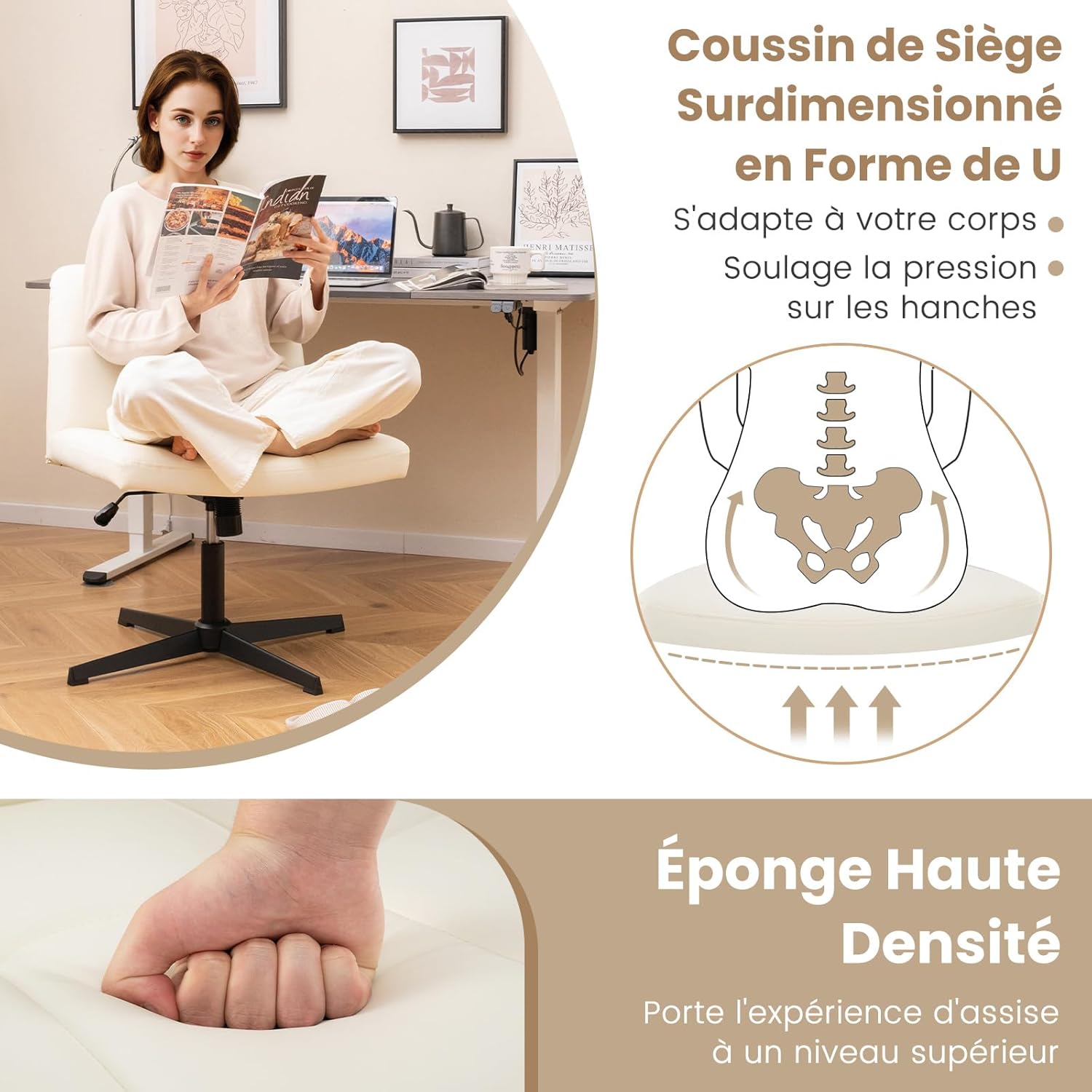 Sedia da Ufficio a Gambe Incrociate, Sedia Scrivania con Seduta a U Spaziosa, Sedia Girevole per Casa e Ufficio, senza Ruote e Braccioli, Alte - 6