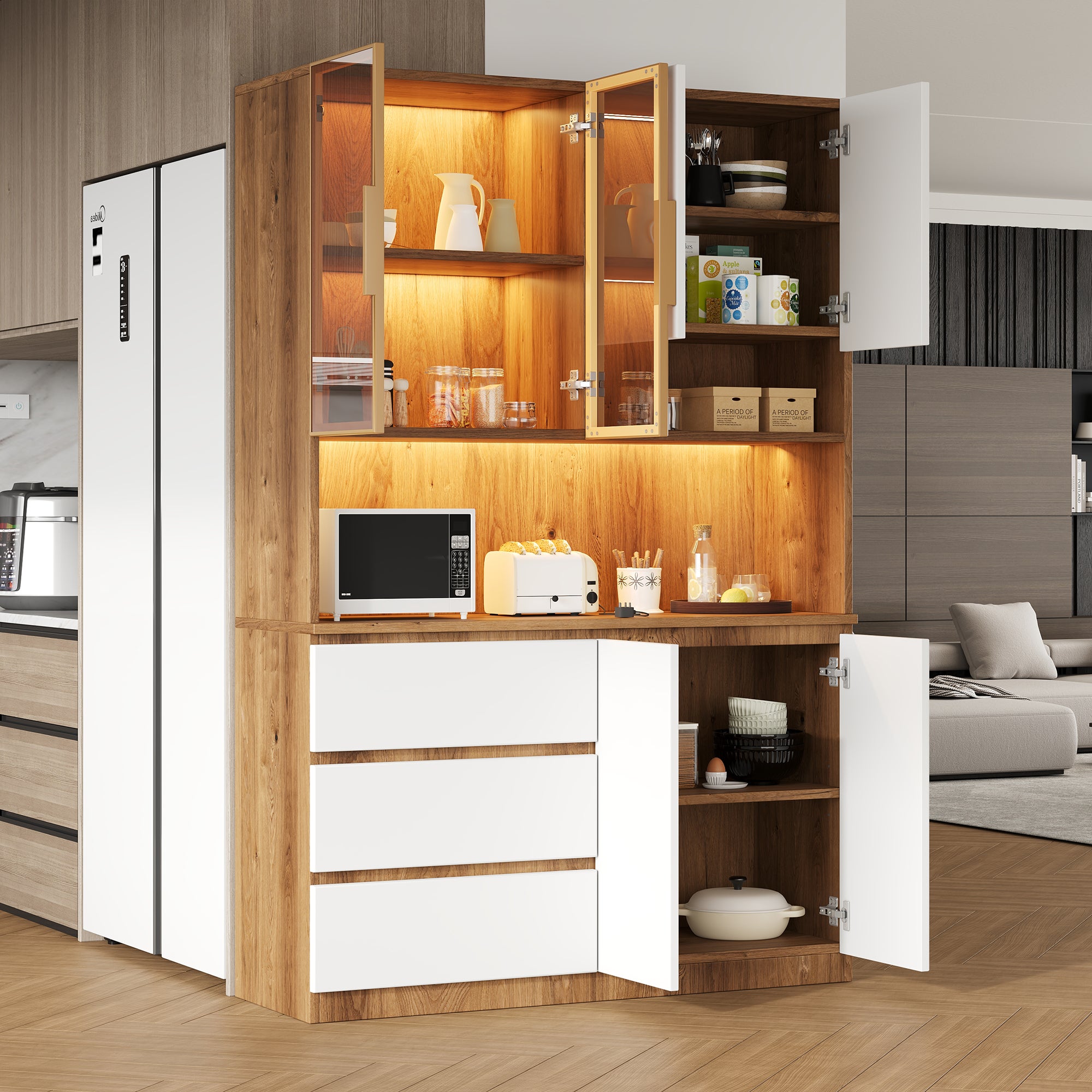 Meuble de cuisine 120,5 x 40 x 180 cm, armoire de rangement LED avec 3 tiroirs, 6 portes, étagères et niche micro-ondes, Blanc + bois naturel - 2