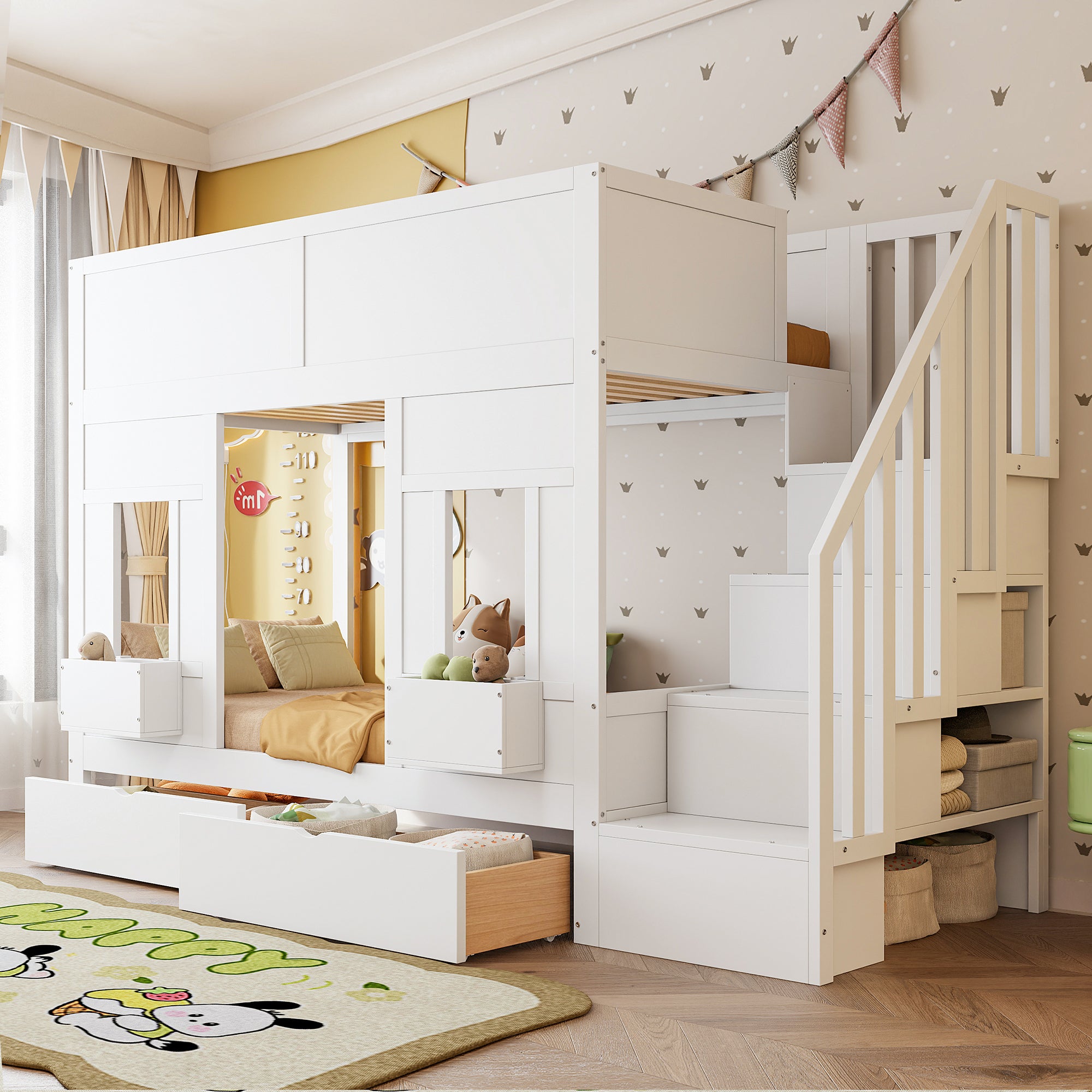 Dziecięce łóżko piętrowe 90x200 cm - z drabinką zabezpieczającą - z 2 szufladami - z barierkami zabezpieczającymi - białe