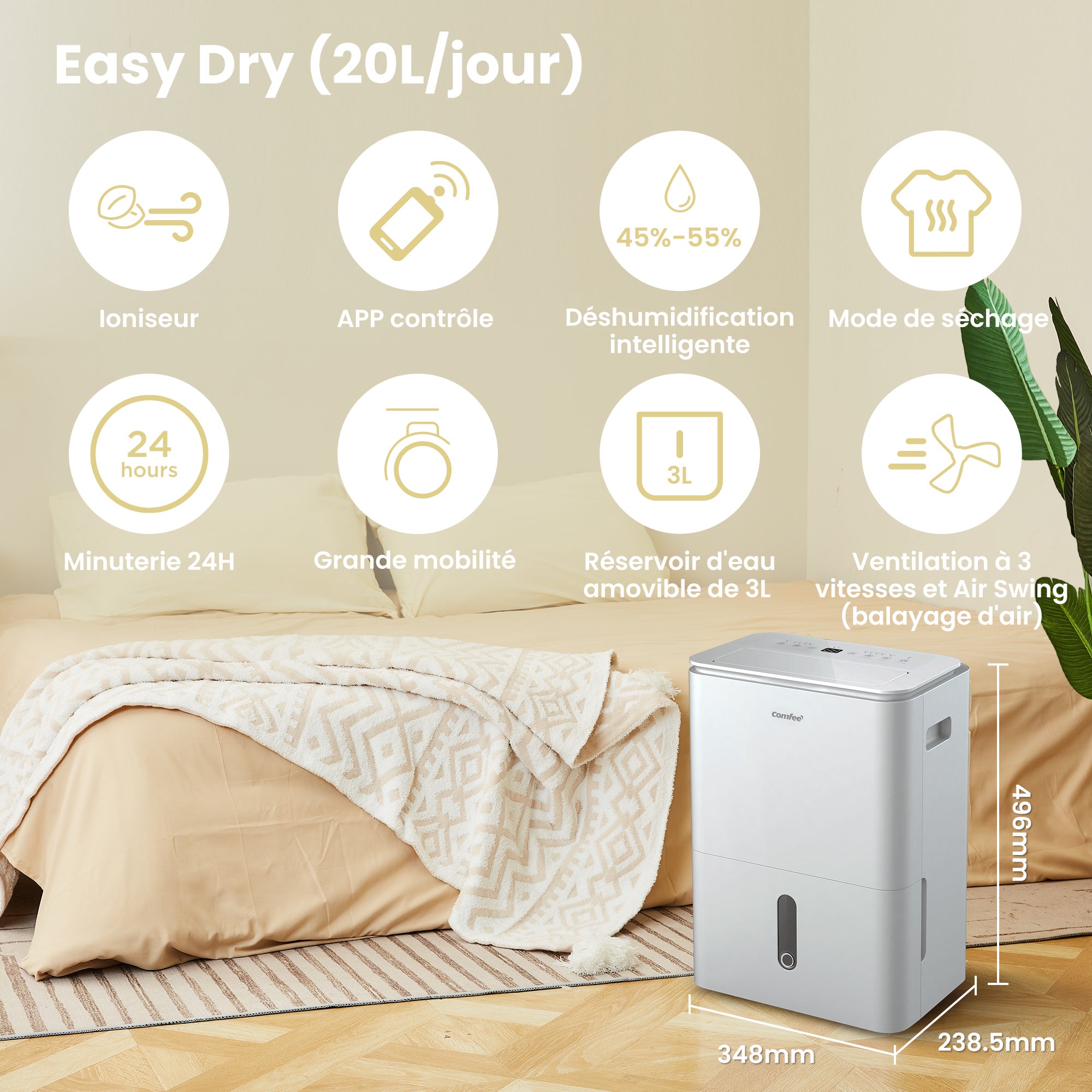 COMFEE' Déshumidificateur, Elimine l'humidité jusqu'à 20L/Jour, 2-EN-1, Purification d'air avec ioniseur, Contrôle APP, 4 Modes, Fonction Air Swing - 2