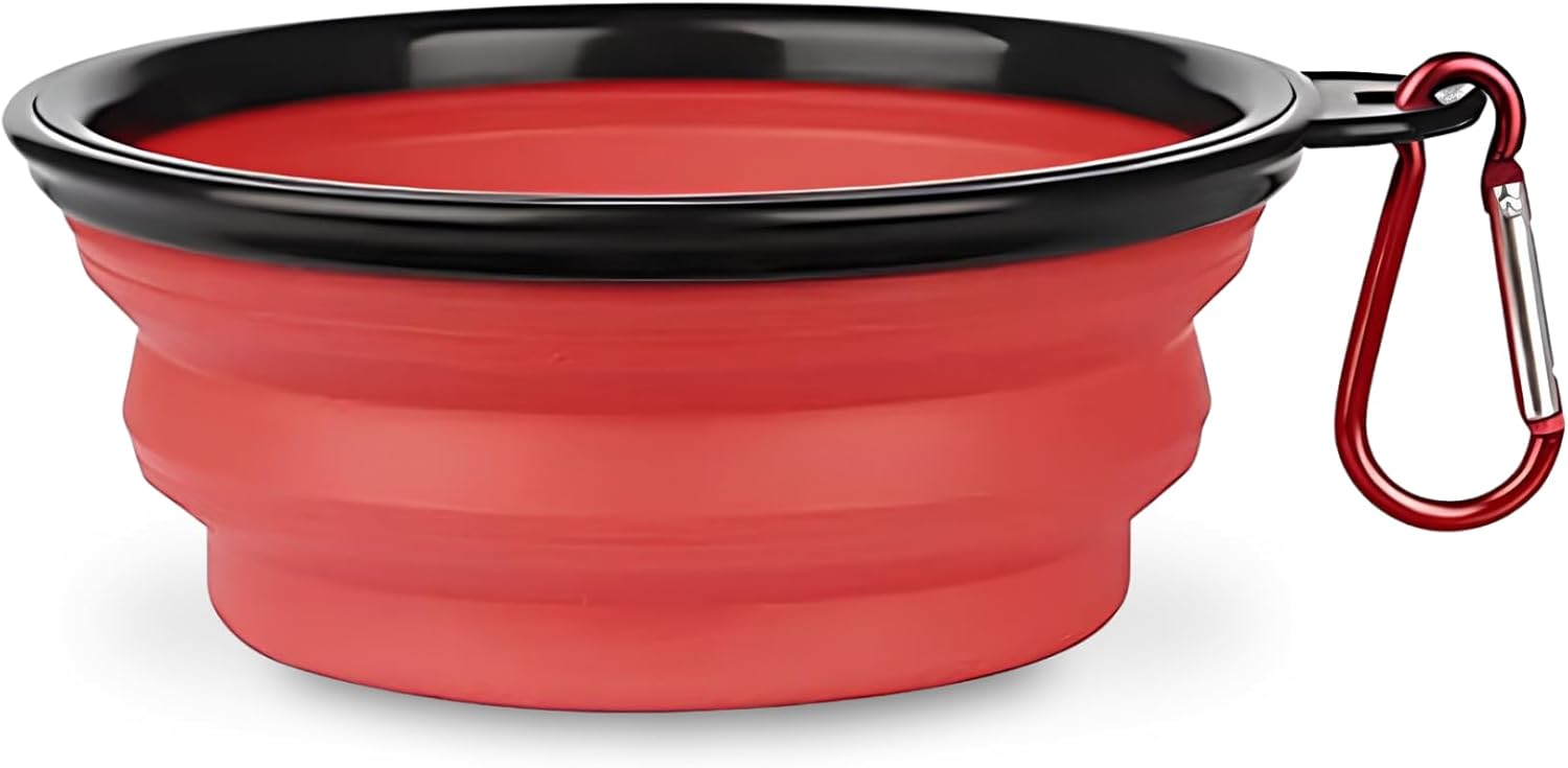 1 x Czerwona składana miska podróżna dla psa o średnicy 16 cm na wodę i karmę, przenośna silikonowa miska z karabińczykiem