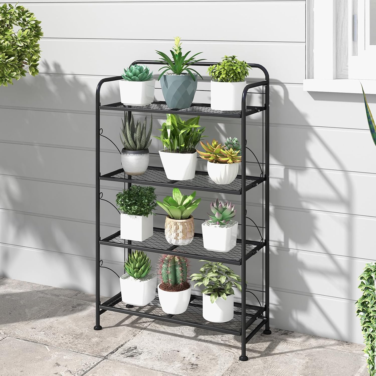 Support de Plante à 4 Niveaux en Métal, Étagère de Plantes Pliante avec Tablettes Réglables, Pieds Réglables, Support pour Plantes pour Balcon, Jardin - 2
