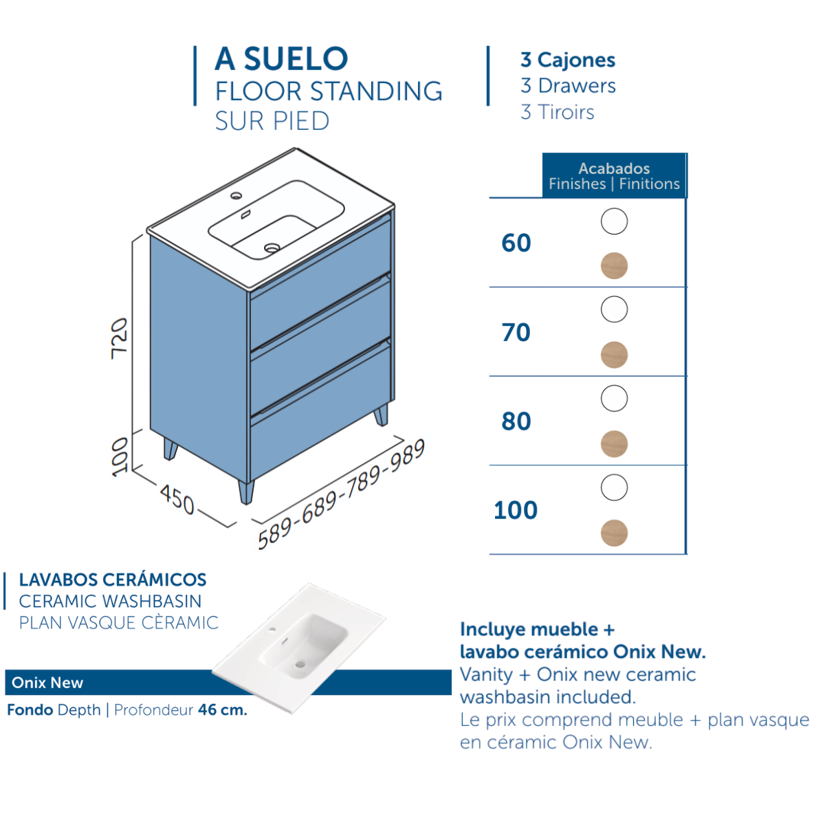 Móveis de Banheiro Comprimento do Chão com Pia de Cerâmica |Móveis de Banheiro com Pernas Pretas 3 Gavetas | 60 cm Branco brilhante - 4