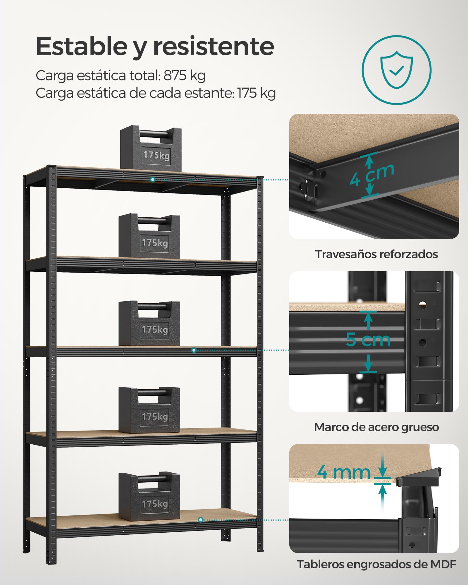 Étagère 5 Niveaux Robuste 875 Kg – Garage, Cuisine, Cave – Acier + MDF, Noir, Ultra Stable Home Discount