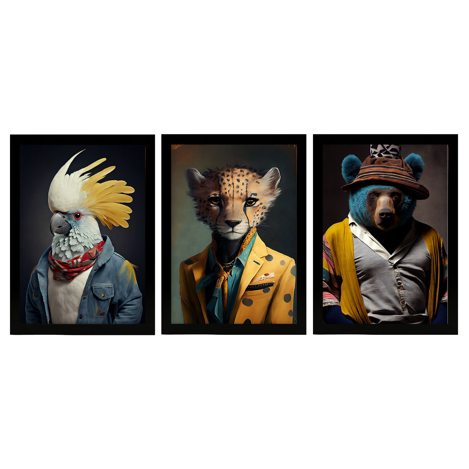 Nacnic humano animal oso guepardo cacatúa. estampados de arte de pared estético para el diseño de dormitorio o sala de estar marco blanco a3
