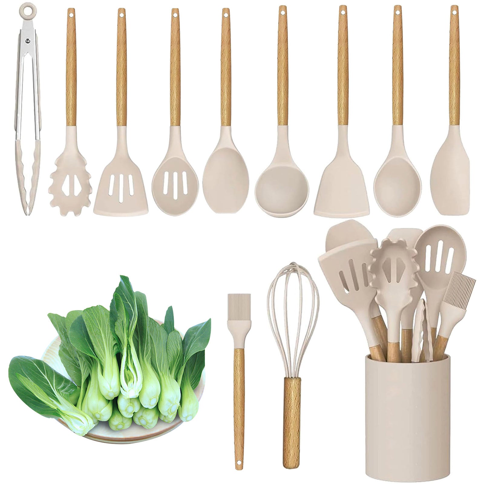 Lote 12 Utensilios de Cocina de Silicona y Mango de Madera con Soporte - 8