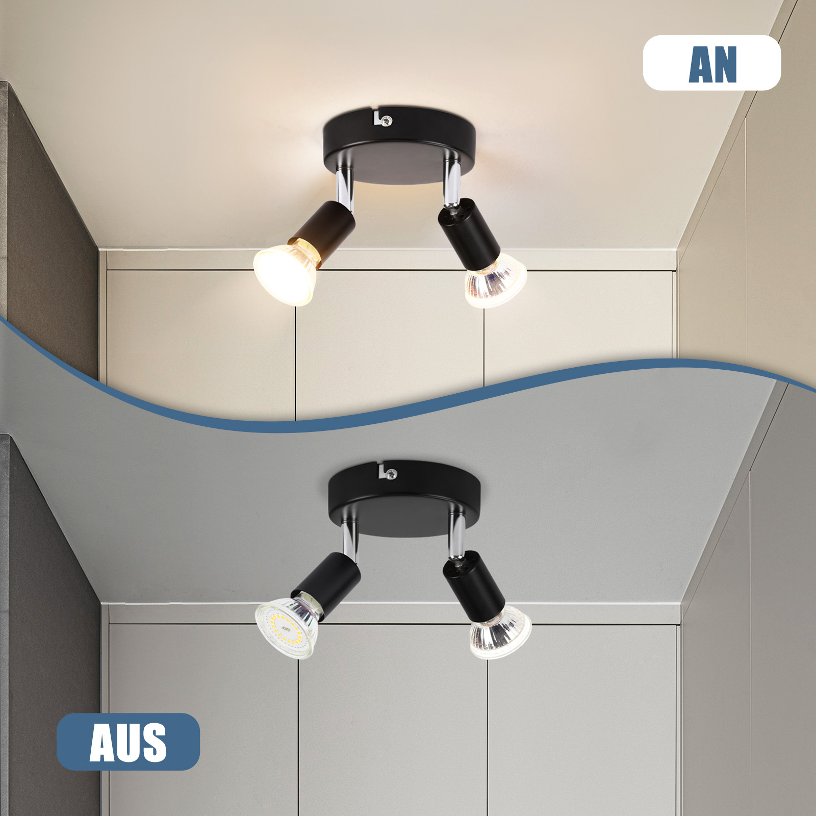 NETTLIFE Spot de plafond LED noir 2 ampoules orientable 350° GU10 industriel - 3