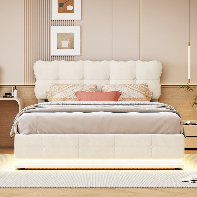 Lit coffre adulte 140x190 avec sommier, velours, LED Éclairage, structure métal, grand espace rangement, lit double, style scandinave - Beige - 2