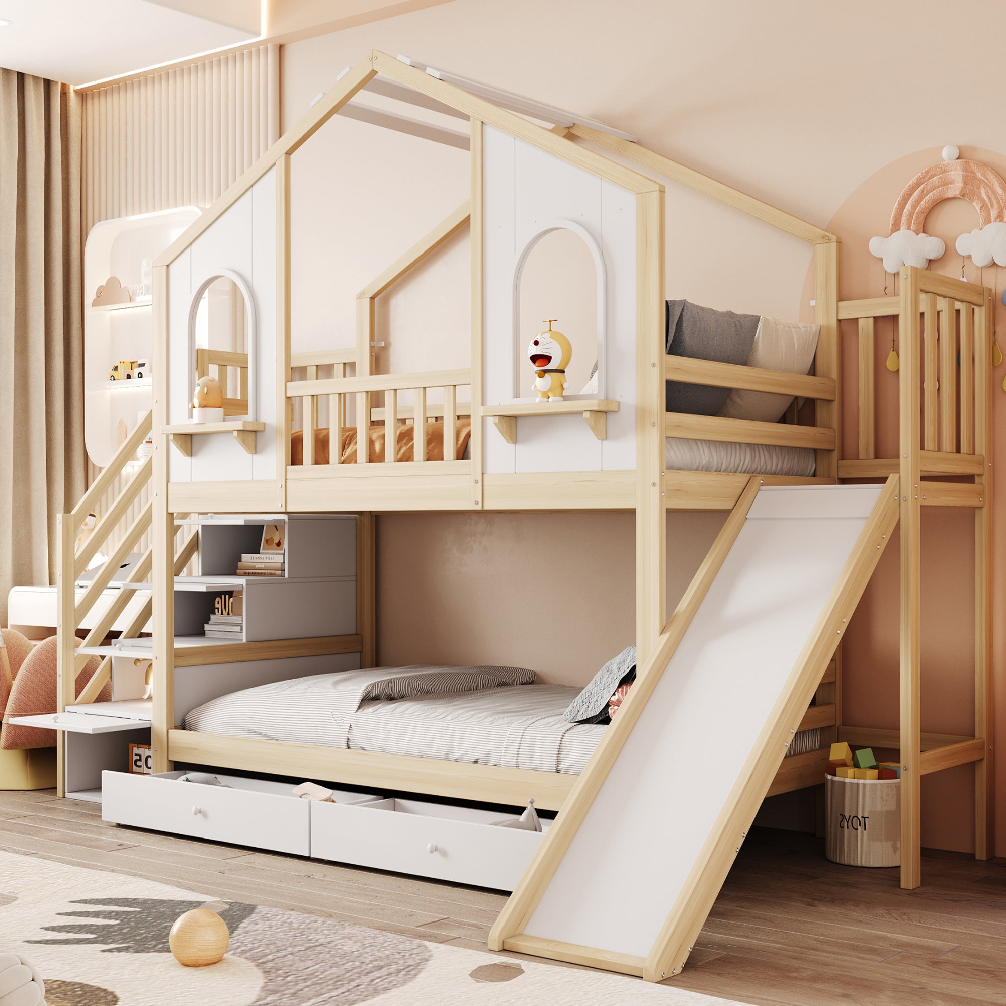 Łóżka piętrowe 2 x 90 x 200 cm ze zjeżdżalnią, 2 szufladami i 3 drzwiami - Sosna + sklejka + MDF - Naturalny + biały (Materace nie są wliczone w cenę) - 3
