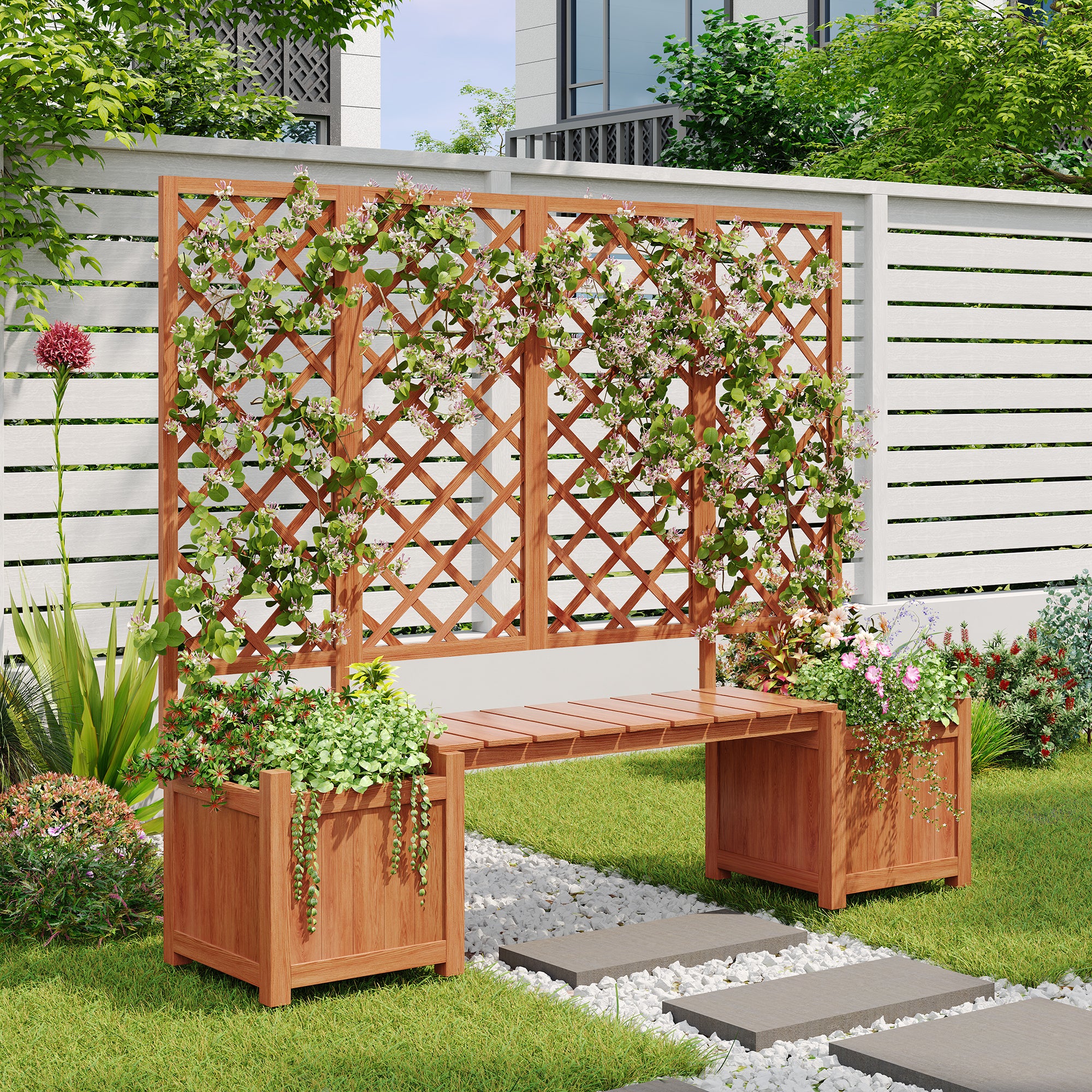 Lot de 2 Jardinière sur pièds avec Treillis en bois massif + 1 banc- 169 x 42 x 145 cm - Marron - 8