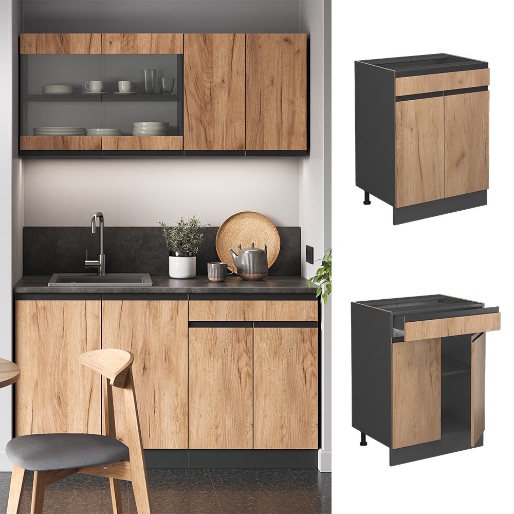 Vicco Meuble cuisine R-Line, Chêne de force doré, 60cm J-Shape, avec tiroir, sans PT - 2