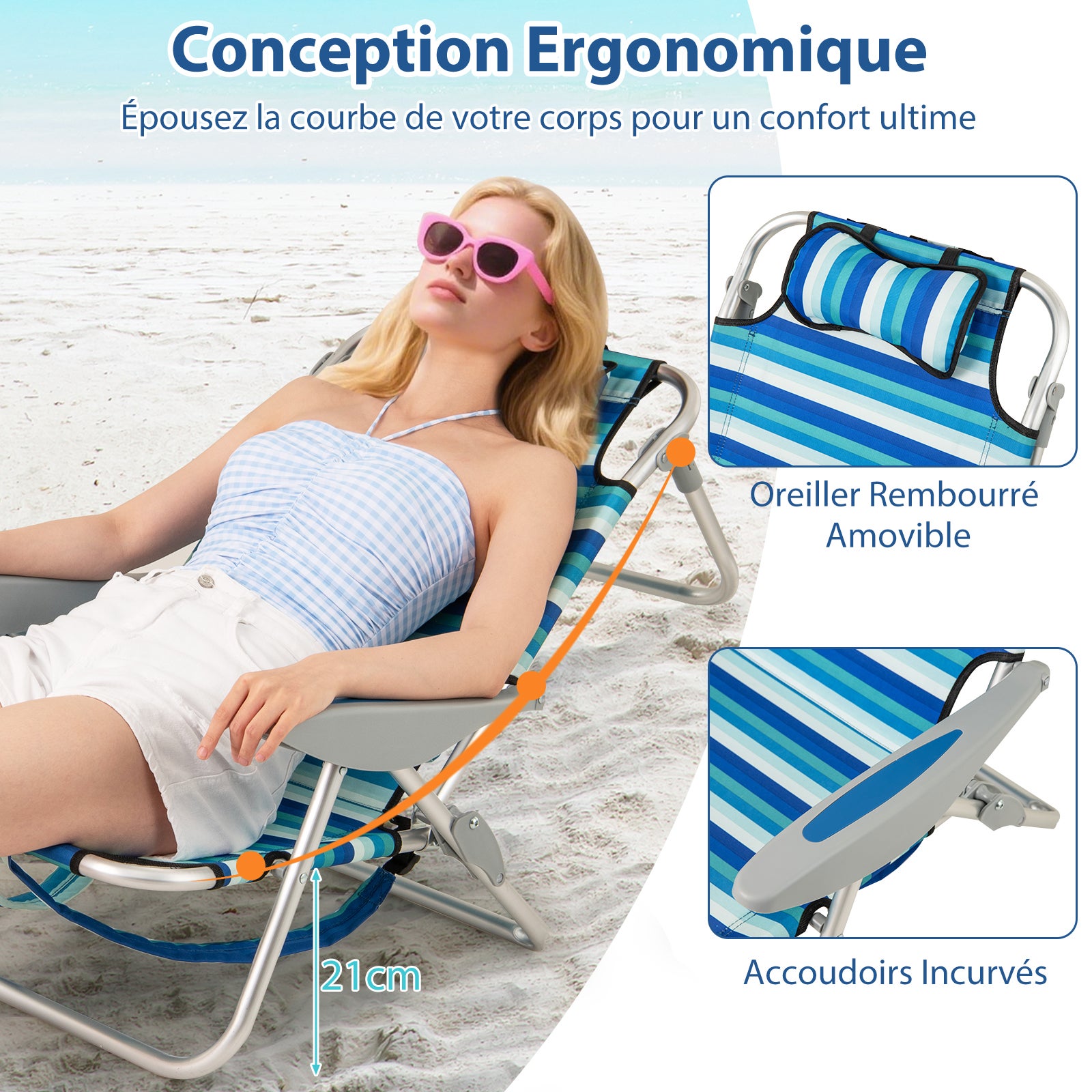 Lot de 2 Chaise de Plage Pliable, Cadre Léger en Aluminium, Chaise Basse avec Dossier Réglable en 4 Positions, Sac Isotherme, pour Camping - 3