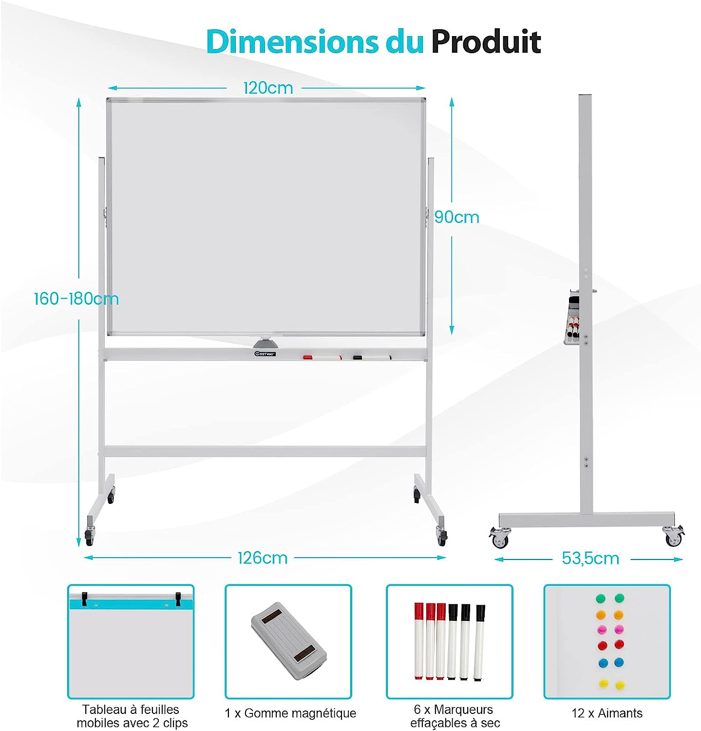 Tableau Blanc Effaçable sur Pied 120x90cm, Double Face, Tableau Blanc Magnétique, 2 Hauteurs Réglables, 4 Roulettes Verrouillables, Blanc - 5