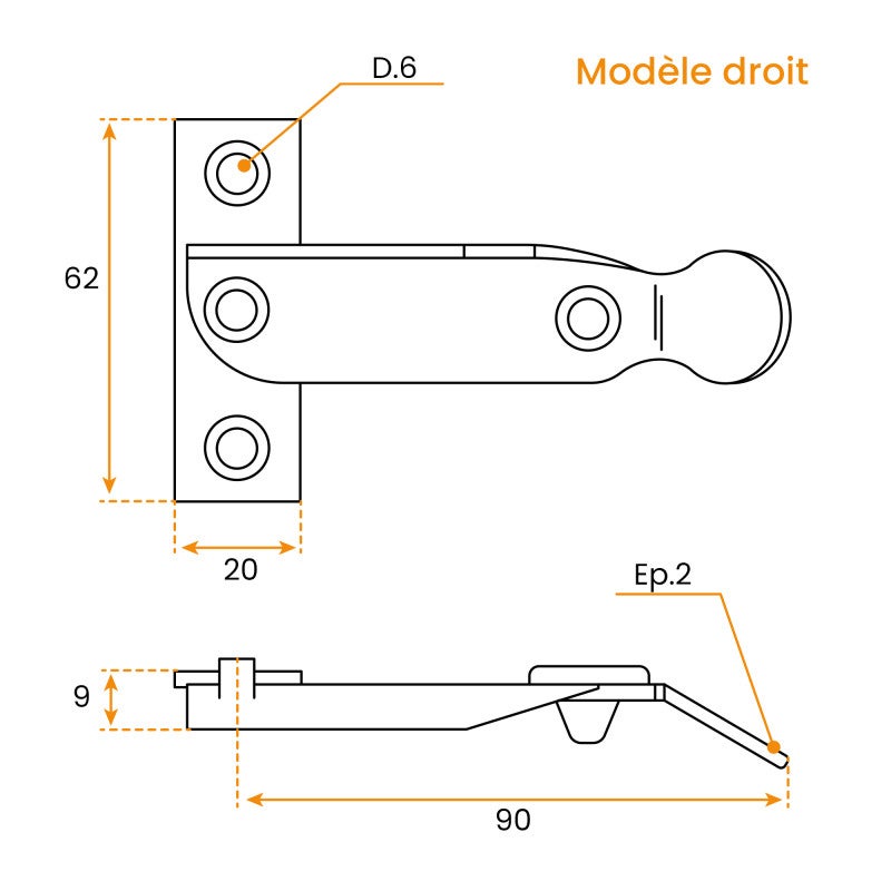 Arrêt de St Brieuc, avec Butée, Longueur 90 mm, Droite, pour Volet Battant et Persienne, Torbel - 2