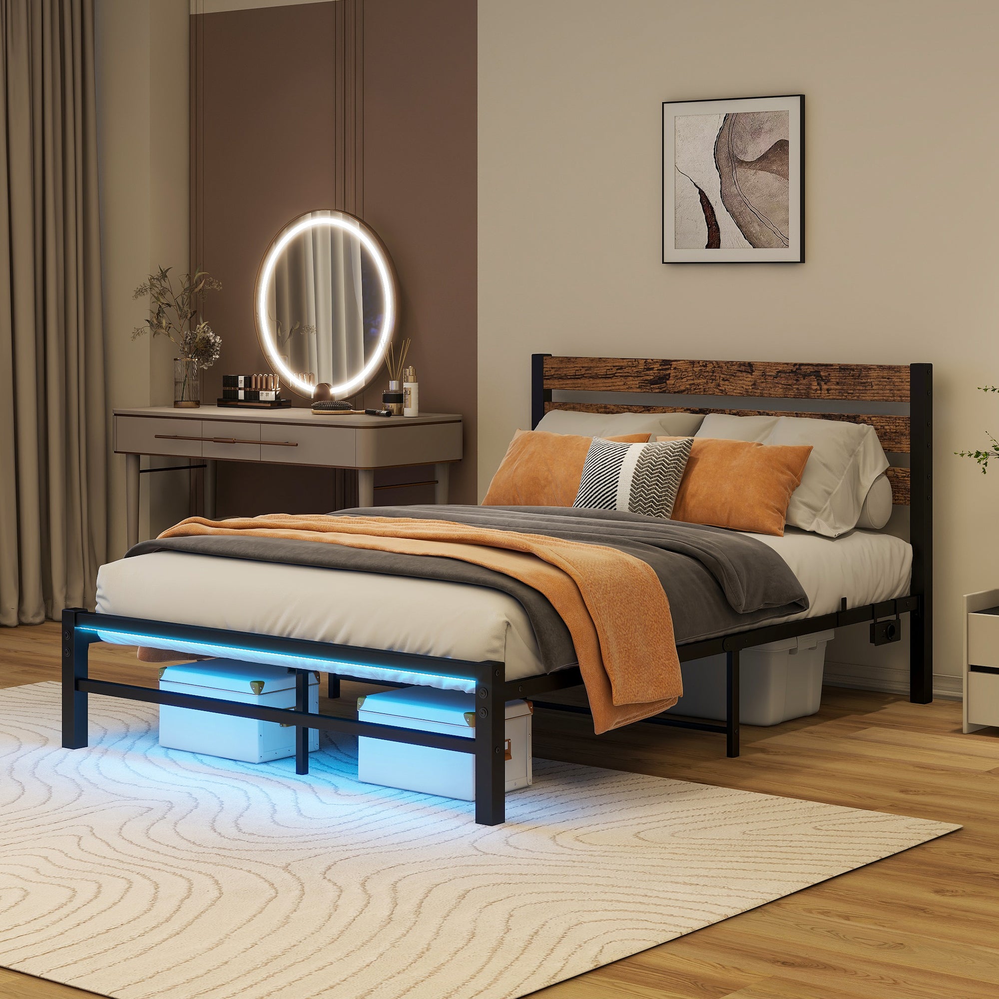 Lit 120x200 cm z głową łóżkową - Poduszka metalowa z 13 listewkami - LED RGB + USB - Przechowywanie 27 cm pod łóżkiem - Nośność 158 kg - MDF+Metal