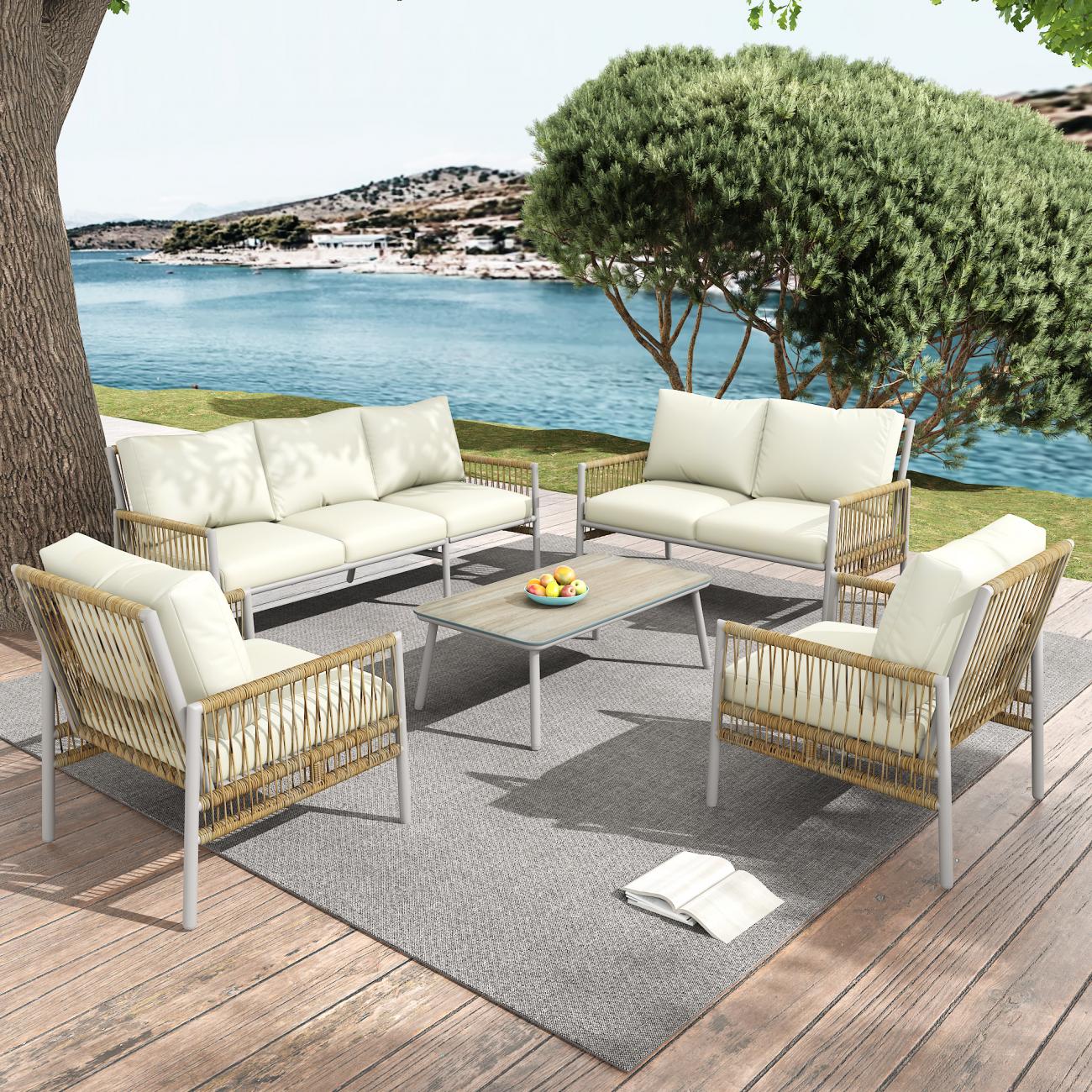 Ensemble de Jardin 7 Places avec Canapé, Table Basse en Verre Trempé, PE-Rattan et Structure Acier Zincé, Coussins Amovibles et Lavables - 2