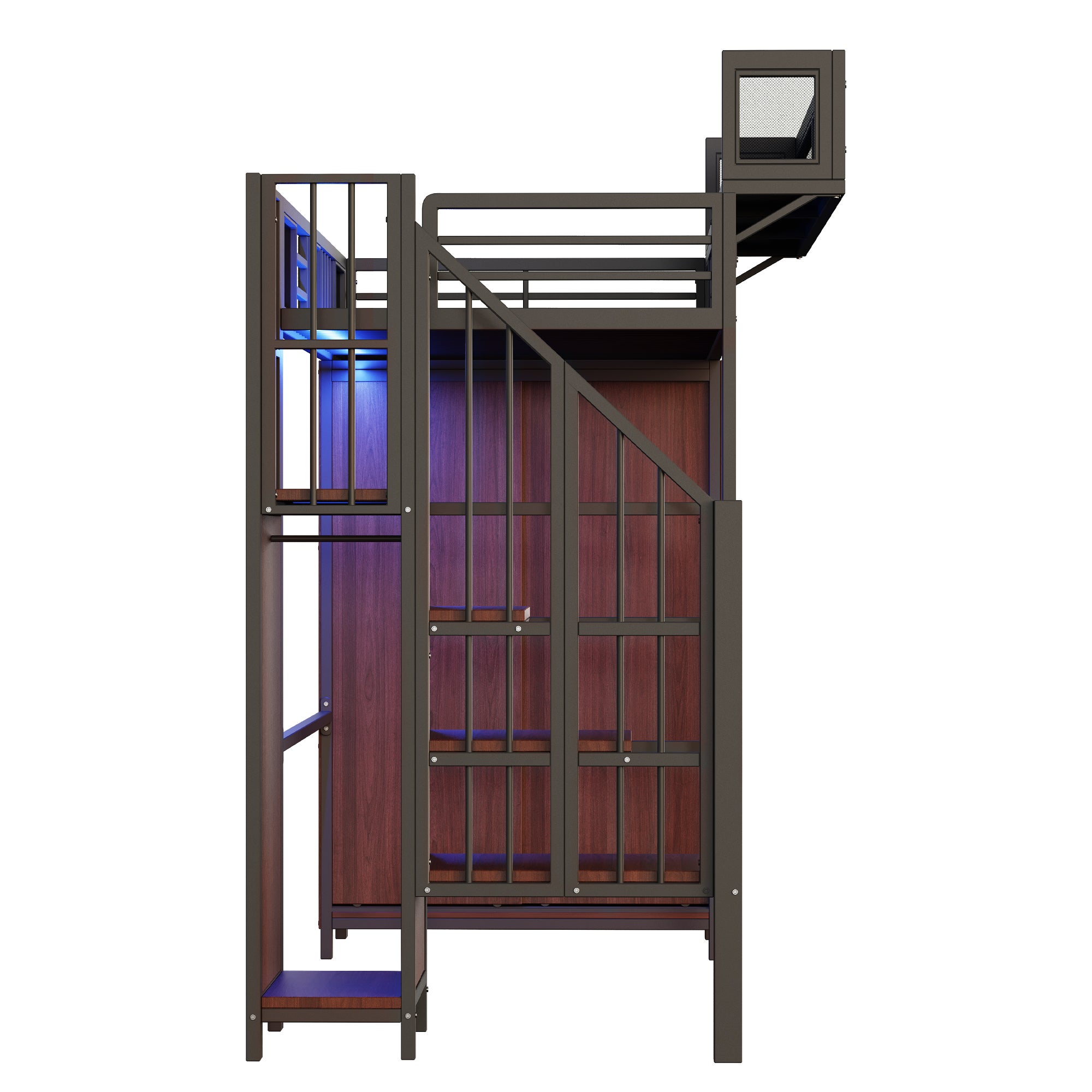 Lit mezzanine 90x200 avec armoire intégrée et éclairage LED, Lit simple avec barrières de sécurité en maille, étagères amovibles et échelle, Noir - 8