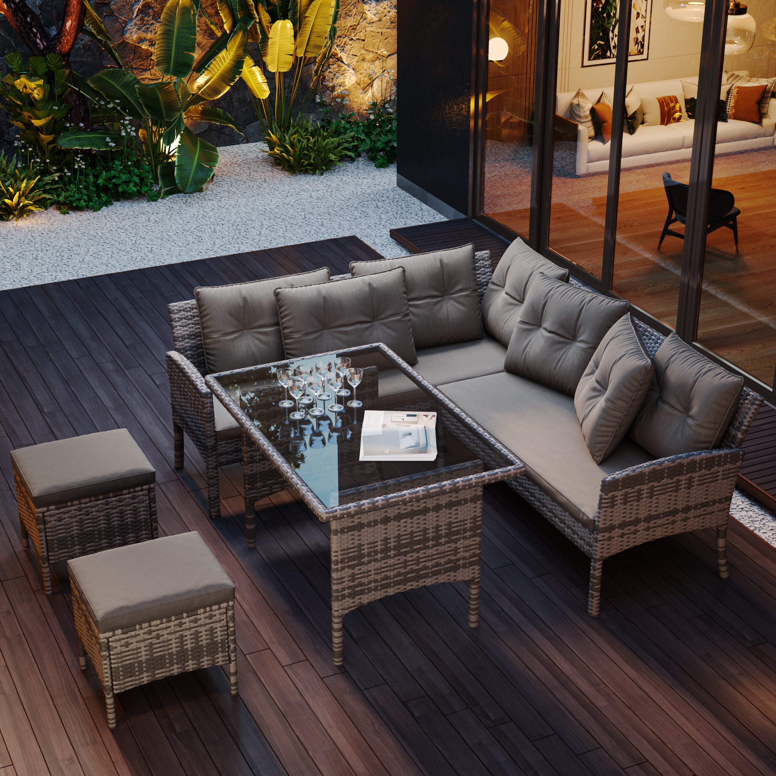 Salon de jardin en fer forgé pour 7 personnes, canapé de jardin modulable tressé, mobilier pour balcon et terrasse, avec coussins gris - 3