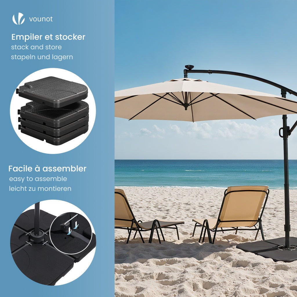 Dalle de lestage pour pied de parasol - 4 pcs à remplir avec poignée - HDPE - 100kg sable ou 60L eau - base en croix - VOUNOT® - 7