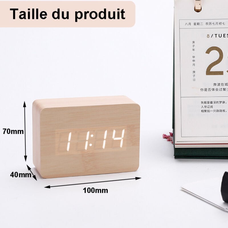 Réveil moderne en bois - LED Réveil en Bois Numérique Réveil Bureau Date 12/24 Heure - Pour la maison,Horloge Numérique - 4