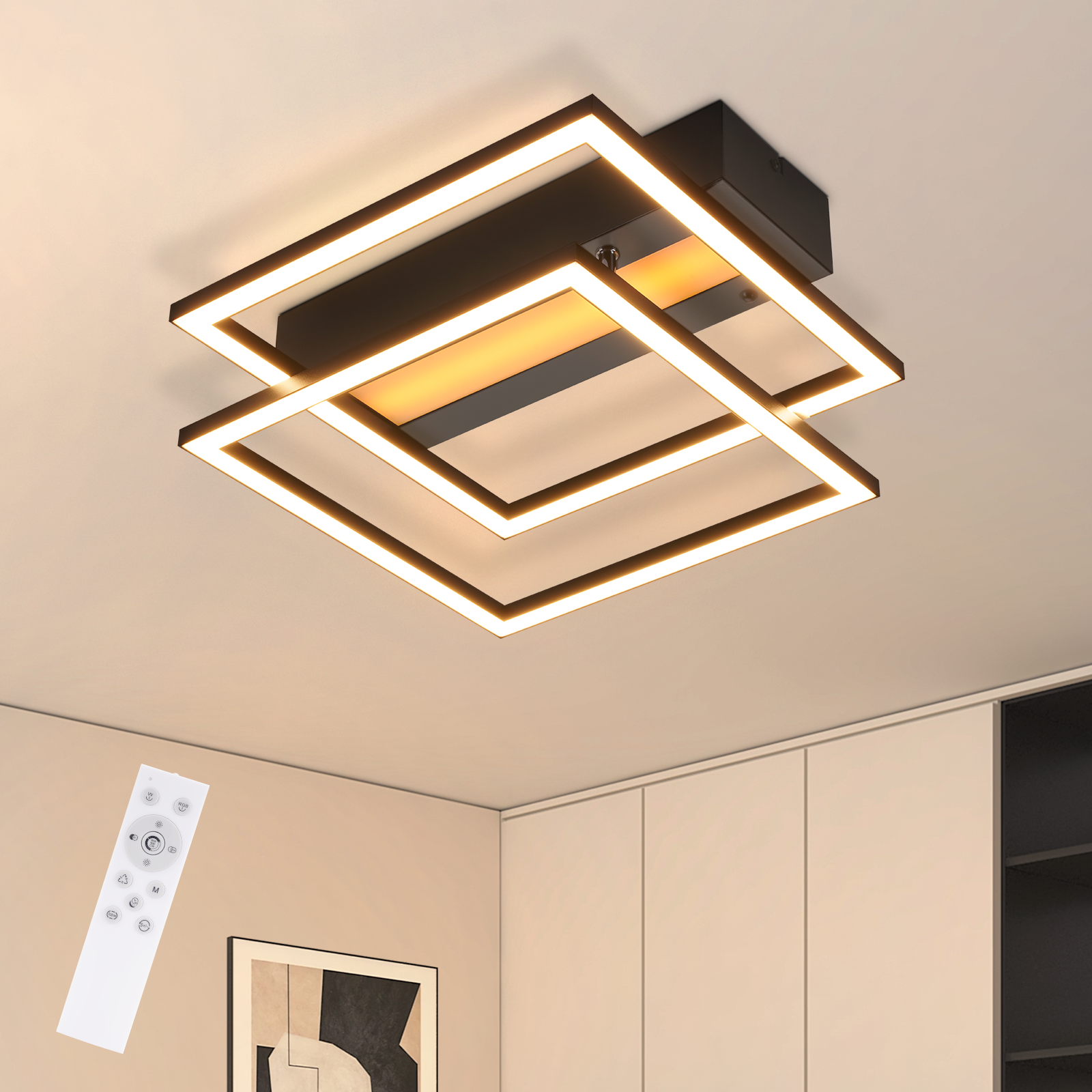 ZMH Kwadratowa dioda LED 36 W – czarna, regulowana, do sypialni, salonu, kuchni, przedpokoju i pokoju dziecięcego