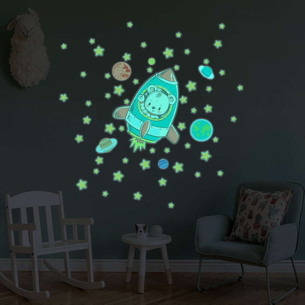 Vinilos fosforescente oso astronauta + 50 estrellas - adhesivo de pared - revestimiento sticker mural decorativo - 50x50cm