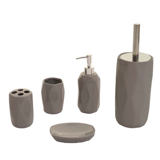 Ensemble d'Accessoires de Salle de Bain Moderne 5 Pcs - Distributeur de Savon, Porte-Brosse à Dents, Gobelet, Plateau, Noir Blanc Gris