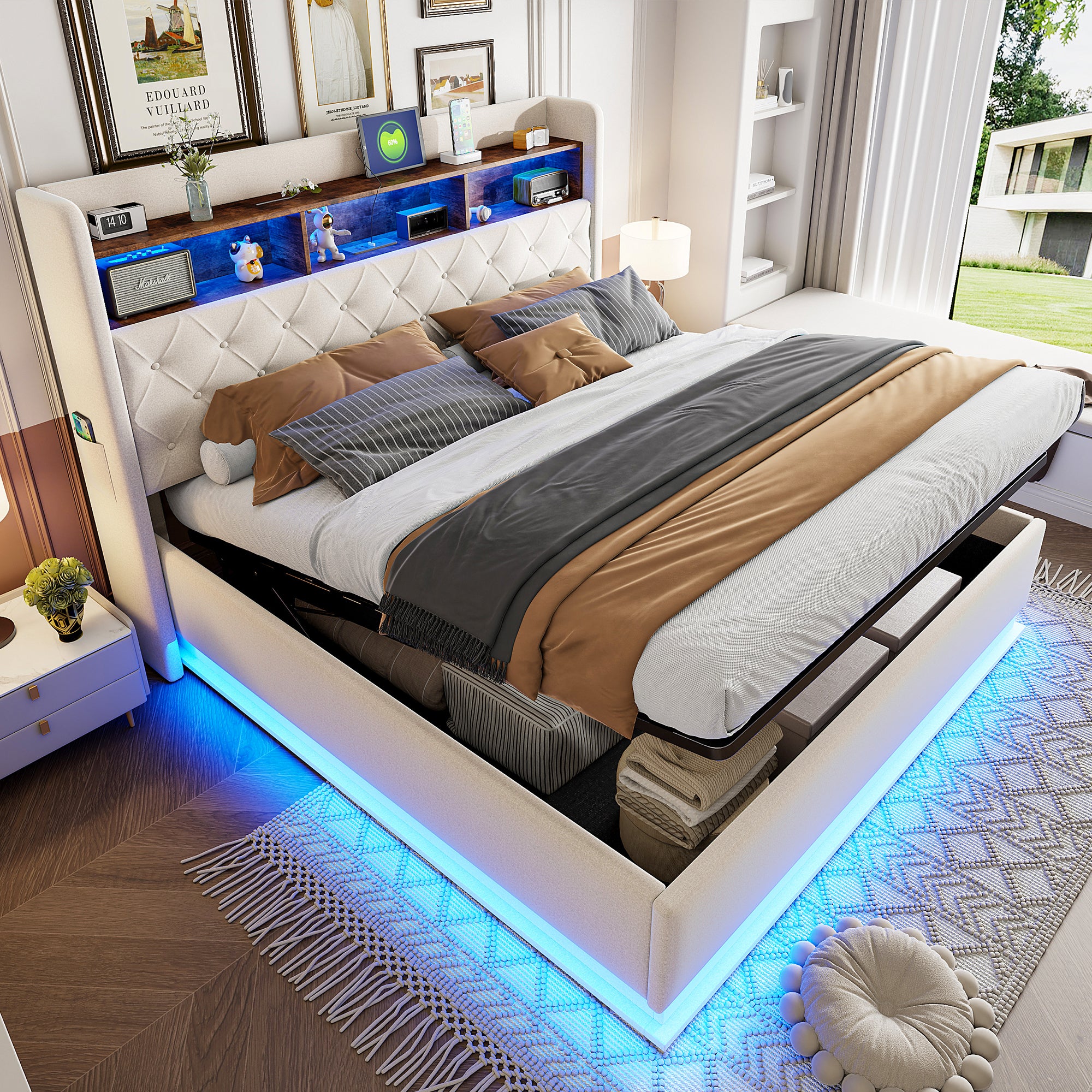 Lit rembourré led 180 x 200 cm - Lit avec rangement, prise USB et ...