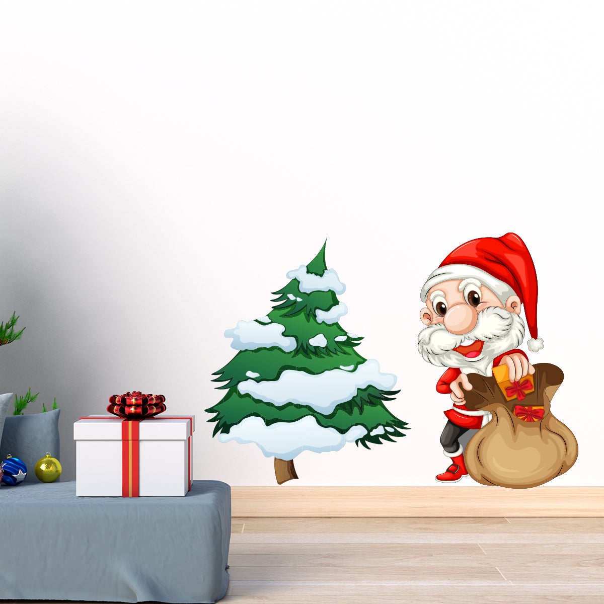 Sticker Noël le petit Père Noël et son sapin - Autocollants stickers adhésifs noël - décoration fêtes - 80x115cm - 3