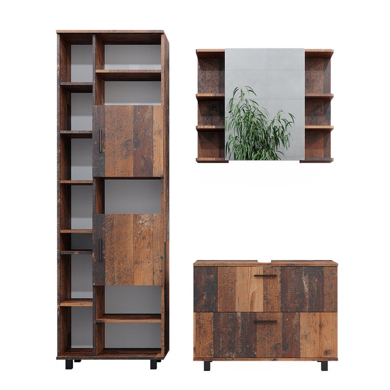 Vicco Zestaw mebli łazienkowych Ilias, Rustykalny dąb, 3 części, z modułem wysokim