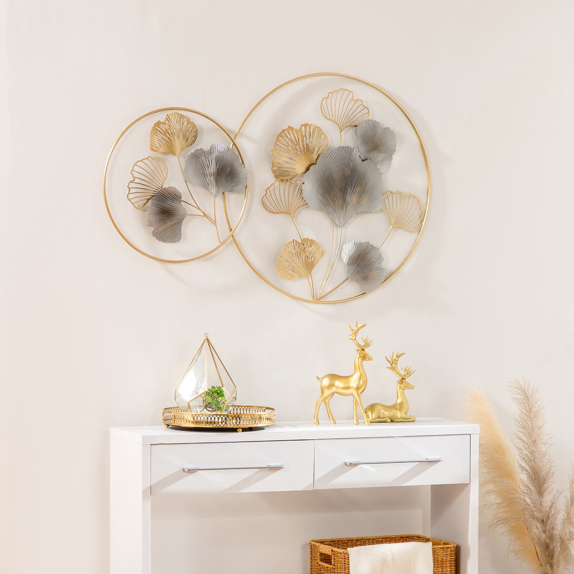 HOMCOM Decorazione Murale 3D in Metallo, Wall Art Dorata con Foglie di Ginkgo in due Cornici Rotonde, 102x66.2cm, Oro e Argento - 2