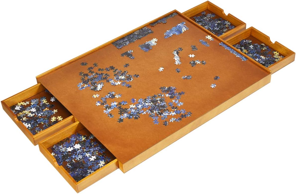 LIFEZEAL – Table à Puzzle En Bois – 80x65 Cm – 4 Tiroirs – Pour 1000 à 1500 Pièces – Rangement Facile