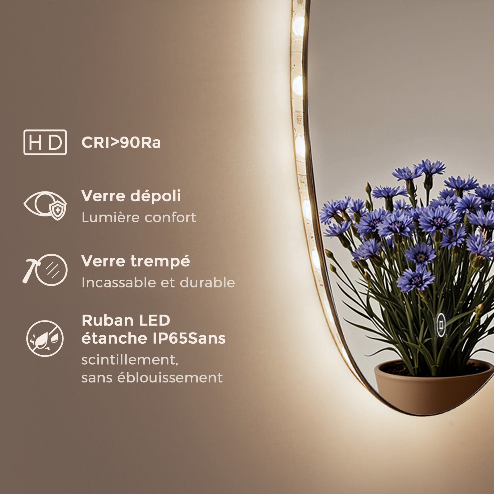 S'AFIELINA Miroir salle de bain miroir lumineux Rond Miroir Mural avec Interrupteur Tactile Blanc Froid 6500K 70cm - 3