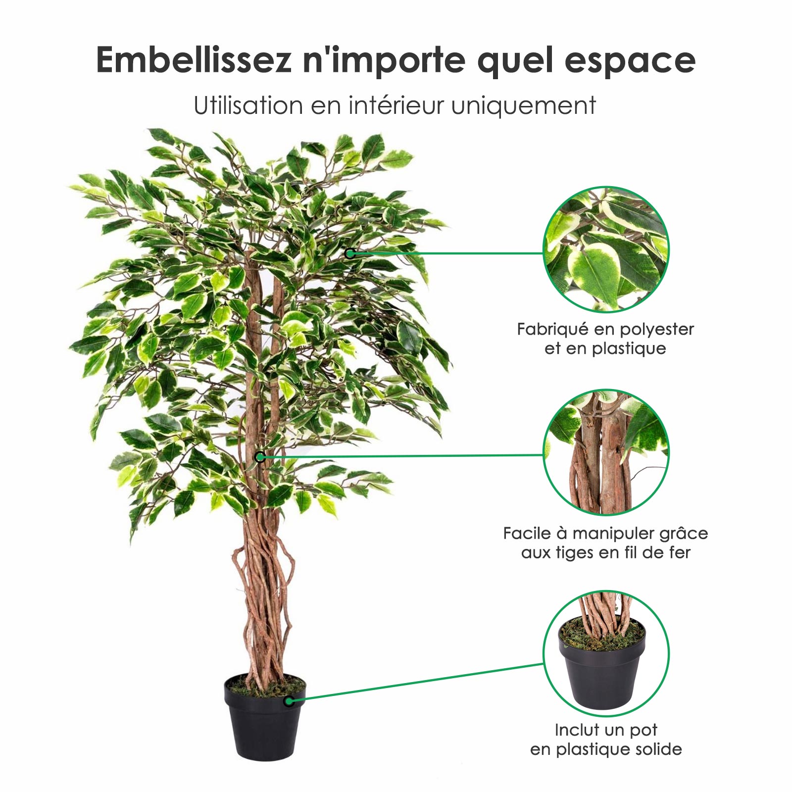 Ficus artificiel en pot - Ficus Benjamina panaché - Homescapes - Arbre artificiel - 122 cm - 2