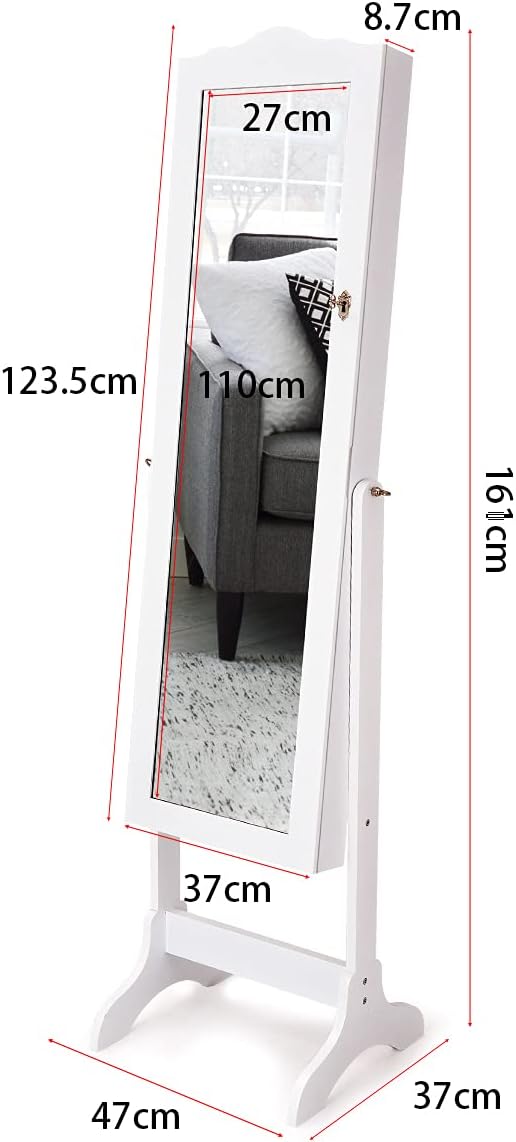 Armoire à Bijoux avec Miroir Réglable, Armoire à Bijoux sur Pieds, Organiseur de Bijoux Verrouillable, Armoire de Rangement avec Miroir, Blanc - 2
