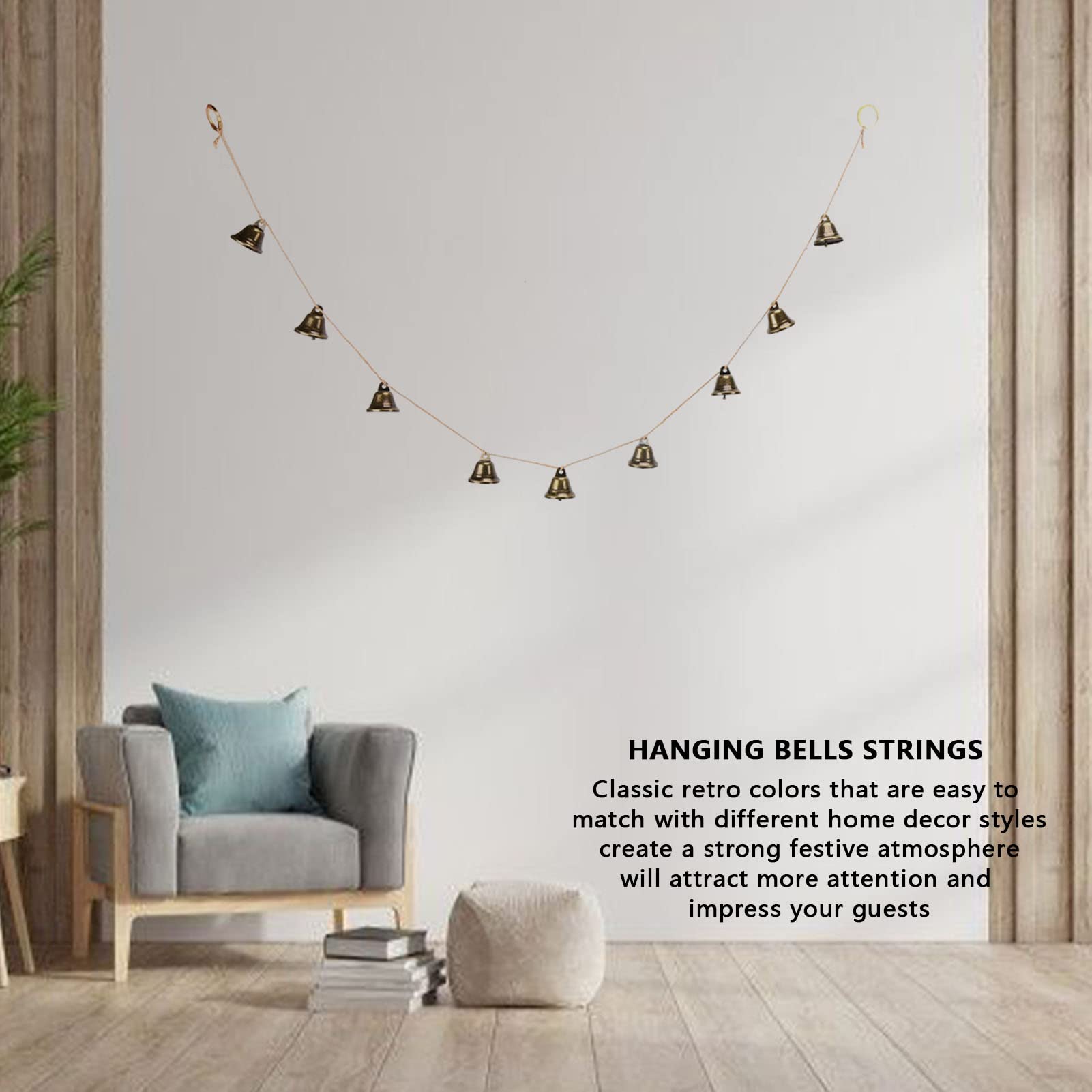 Campanas decorativas, 9 cuerdas de campanas colgantes, campanas pequeñas para colgar en la pared, campanas navideñas vintage de hierro para decoracion - 6