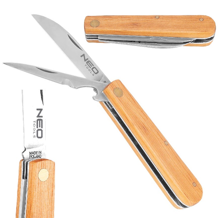 NEO 63-017 NÓŻ MONTERSKI SCYZORYK DREWNIANY ZE SZPIKULCEM SKŁADANY