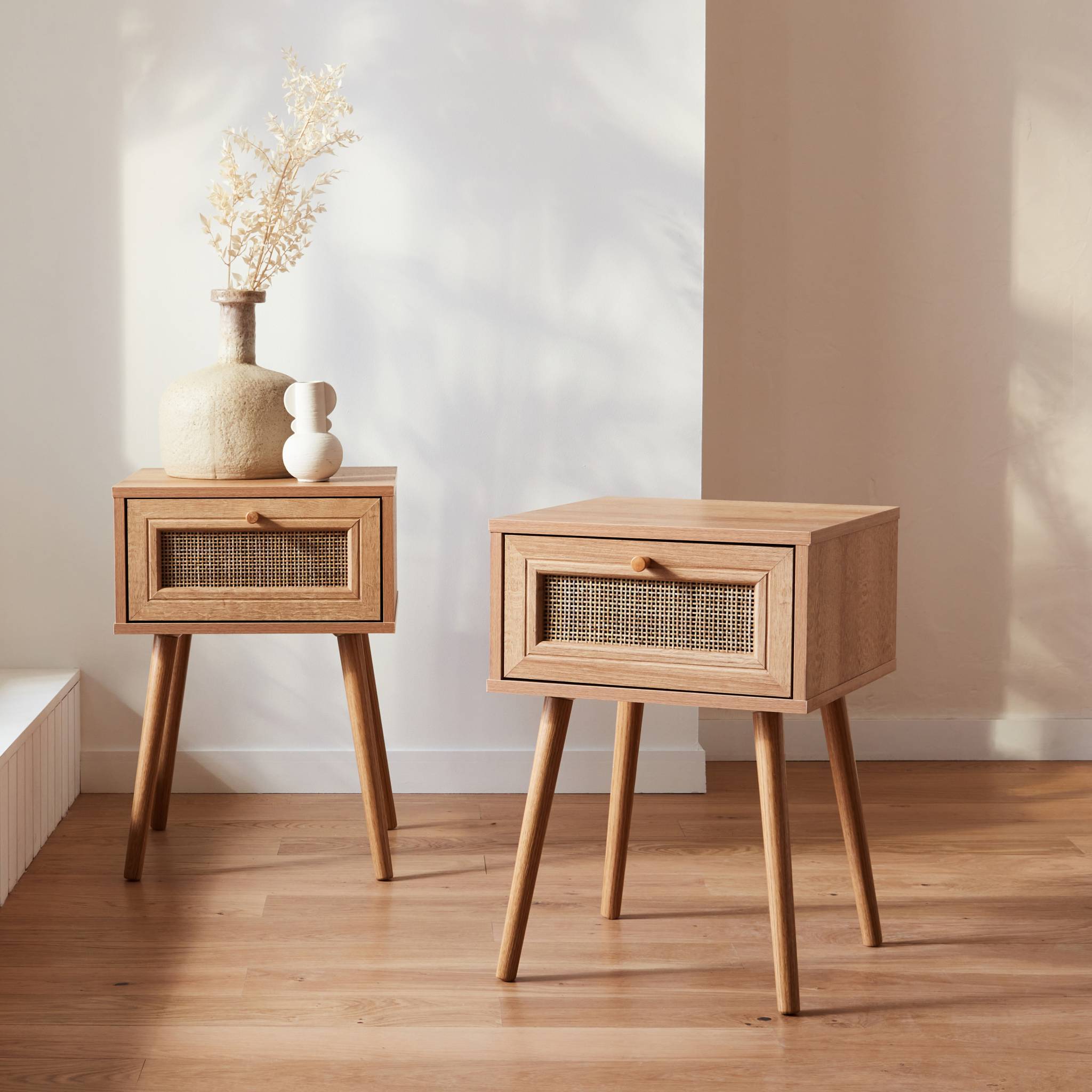 Lot de 2 tables de chevet décor bois & cannage avec 1 tiroir - Bohème - 2