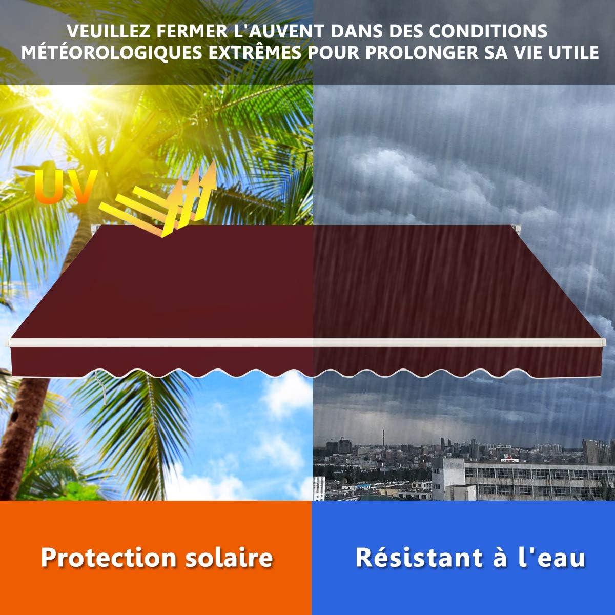 Store Banne de Balcon Rétractable avec Tissu Résistant aux UV et à l'eau, Cadre en Aluminium, Réglable 5-35°,3 x 2,5 m, Bourgogne foncé - 4