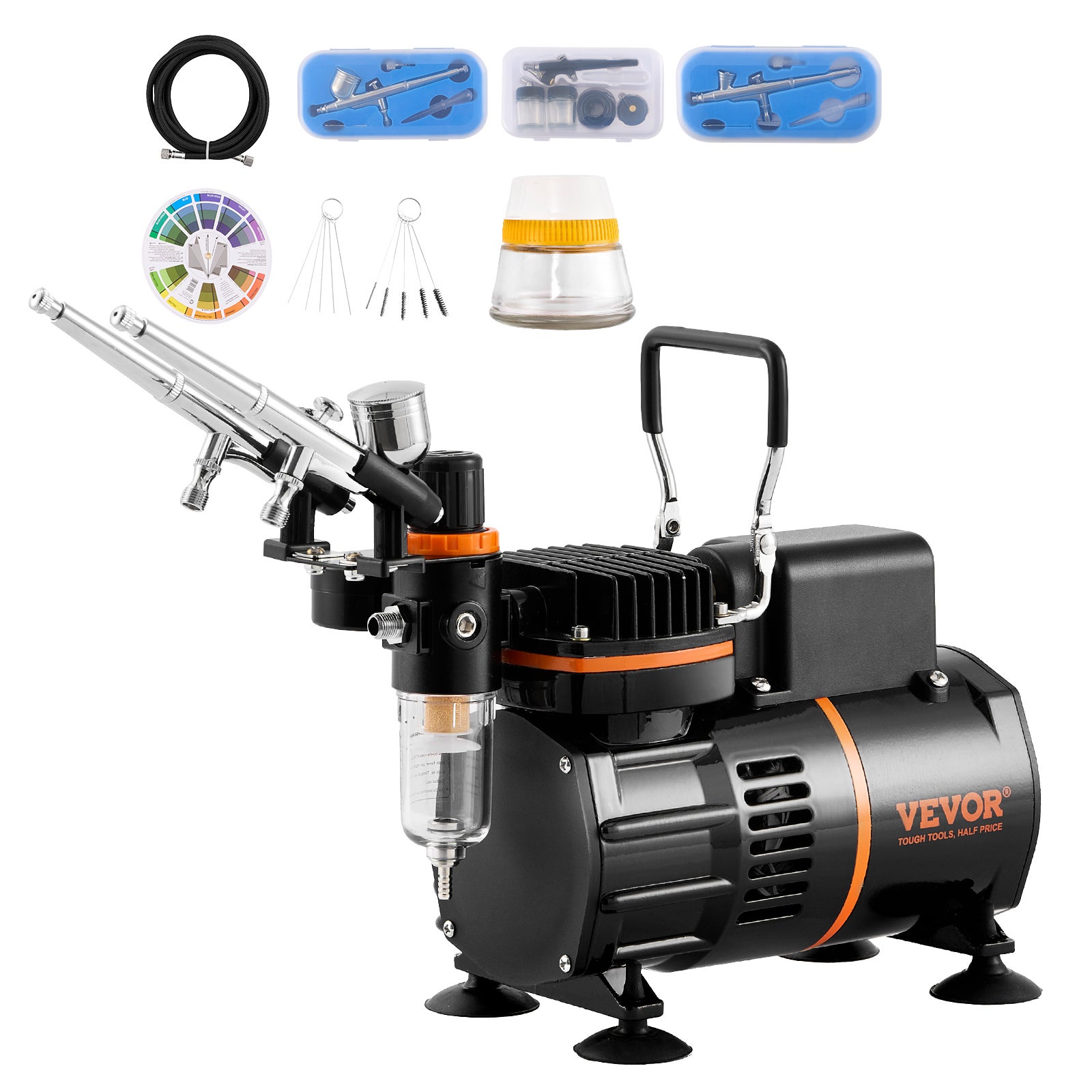 Set de aerografi VEVOR, compresor de aer cu două ventilatoare, sistem profesional de aerografi cu 3 pistoluri, suport, roată de amestecare a culorilor