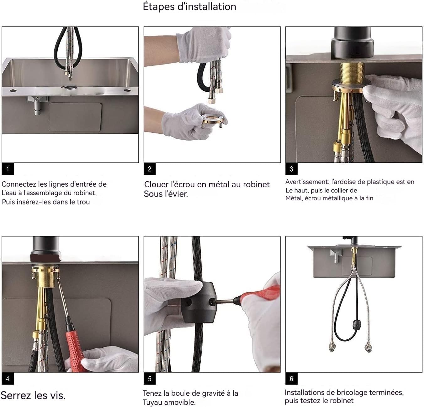 Robinet de cuisine avec douchette | Mitigeur extractible, 2 jets, pivotant à 360°, robinet de cuisine en inox - 6