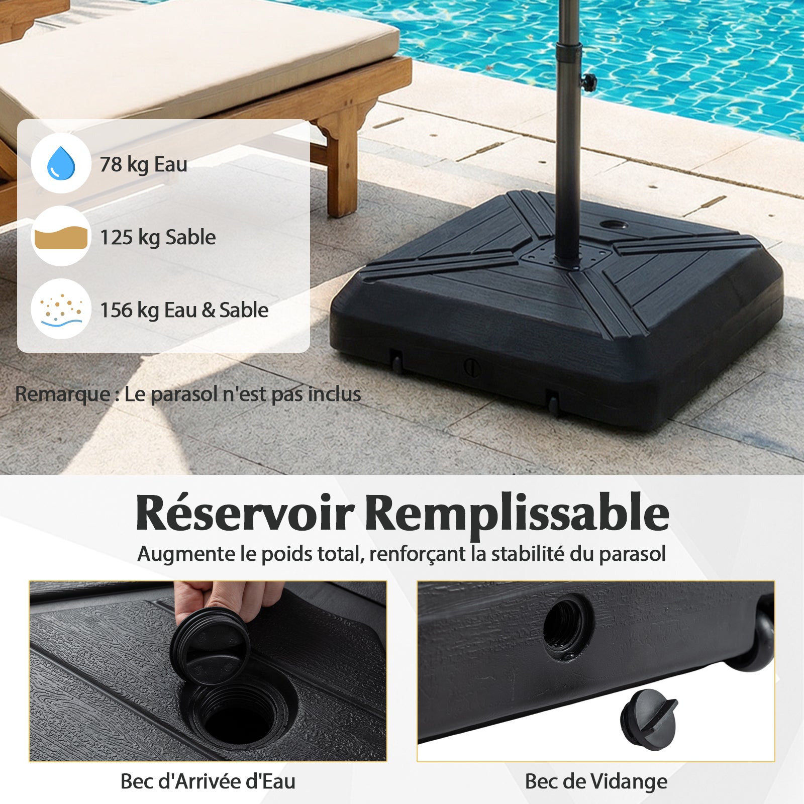 Base de Parasol Déportée Cantilever avec Roulettes, Support Poids pour Parasol avec Barre Transversale en Métal, HDPE, Noir - 5