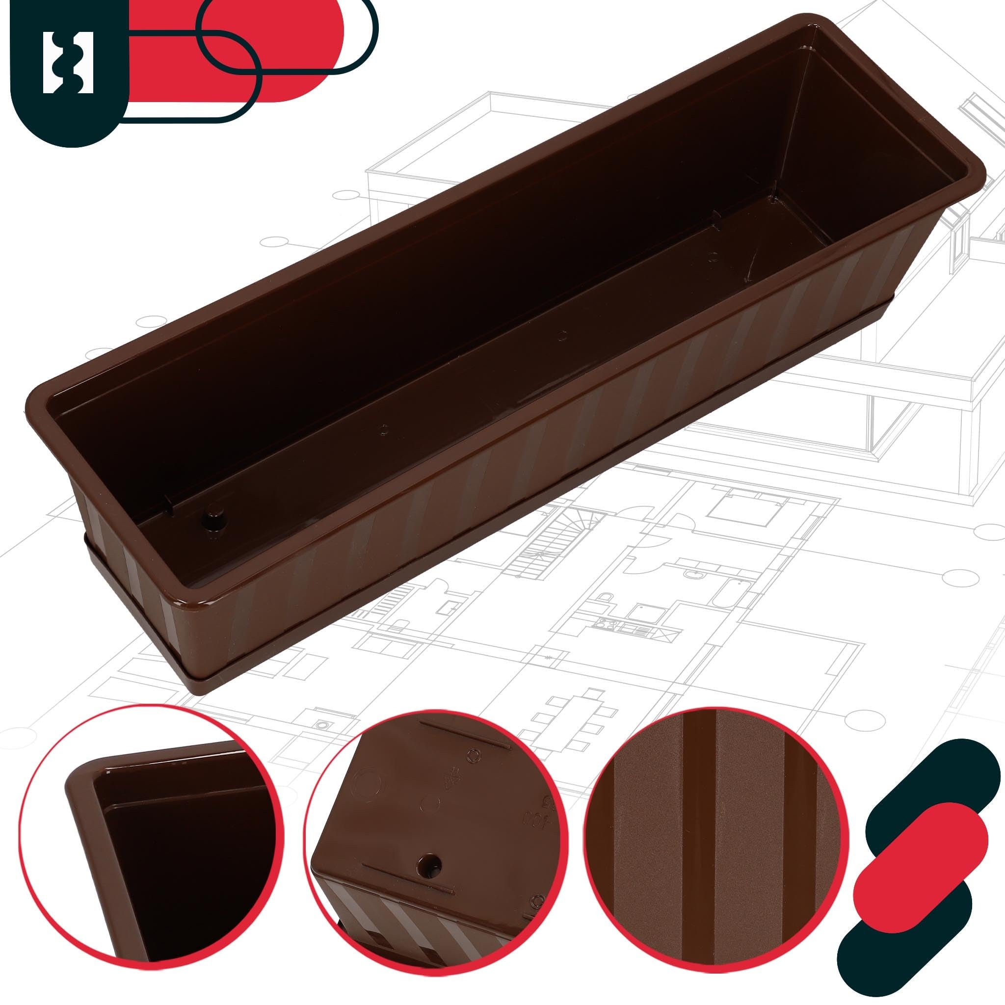 Fioriera da Esterno - PVC - 60 x 18 x 14 cm - Marrone - Vaso Rettangolare con Sottovaso - Vasi Per Piante da Esterno - Fioriere da Bal KOTARBAU - 5