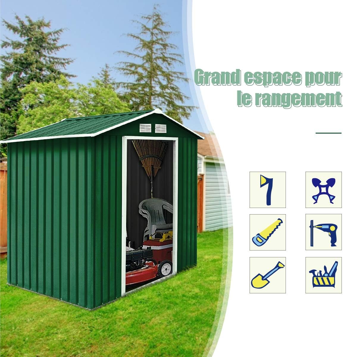 2,37㎡ Abri de Jardin Métal Galvanisé avec Base, 213 x 127 x 185 cm, Cabane de Rangement à Outils avec Portes Coulissantes&Fenêtres, 4,39m³ Vert - 5